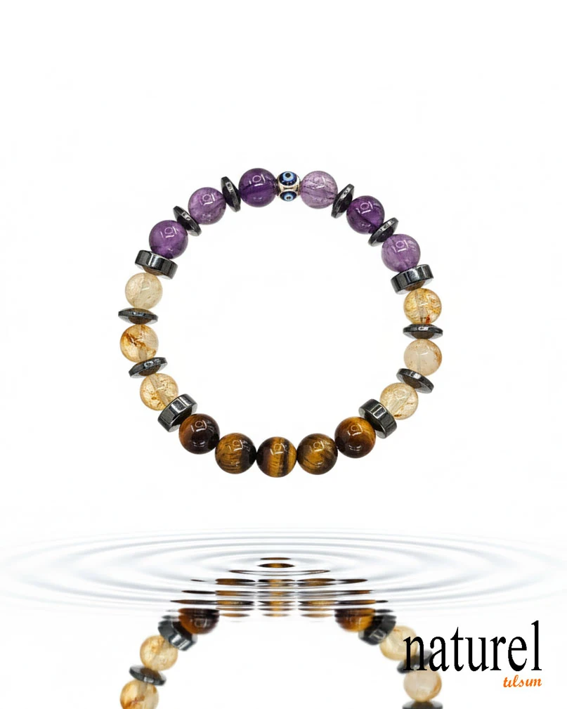 Orijinal Aslan Burcu Doğal Taş Bileklik | Ametist-Sitrin-Kaplan Gözü