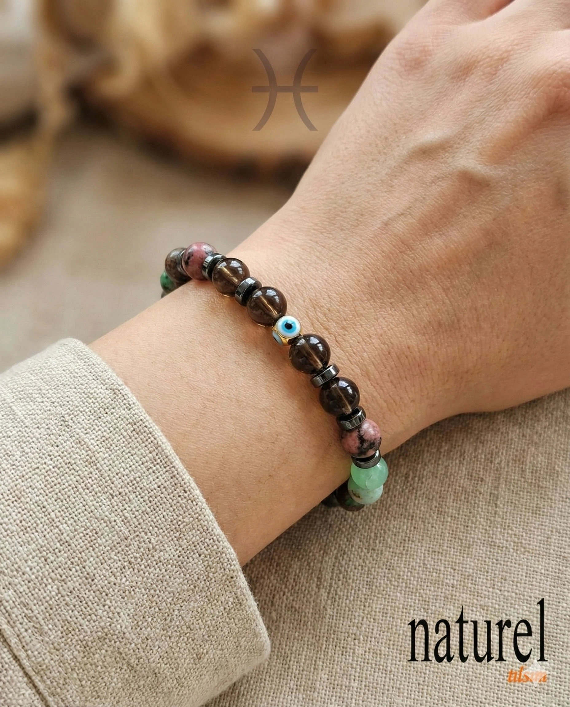 Orijinal Balık Burcu Doğal Taş Bileklik | Dumanlı Kuvars, Rodonit, Krisopras