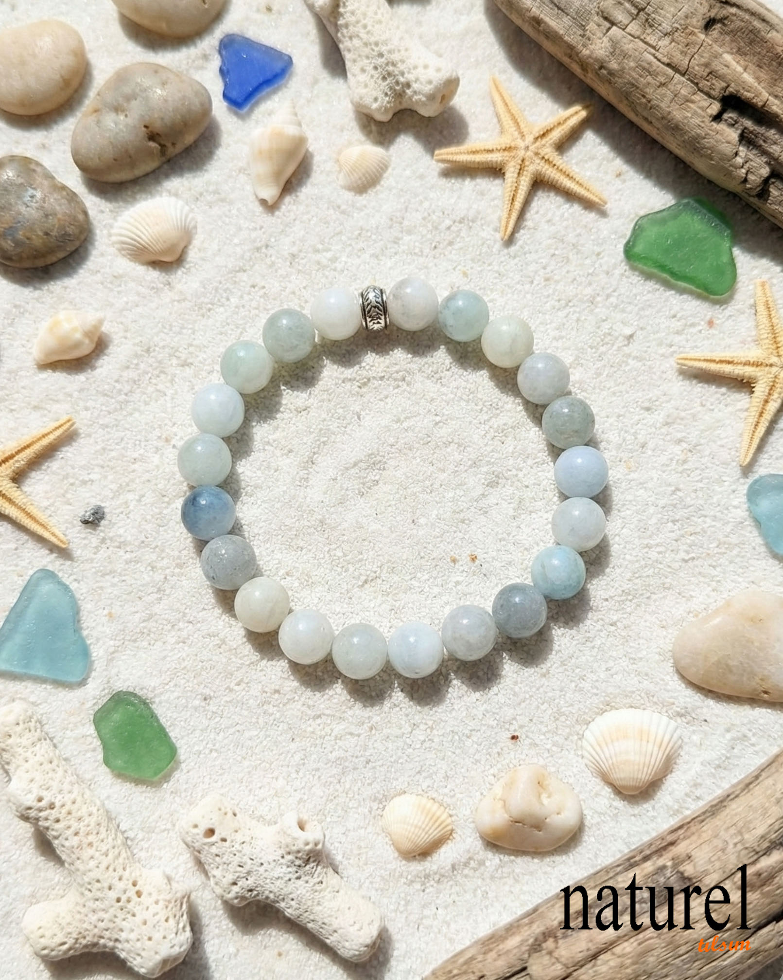 Akuamarin 8mm Doğal Taş Unisex Bileklik