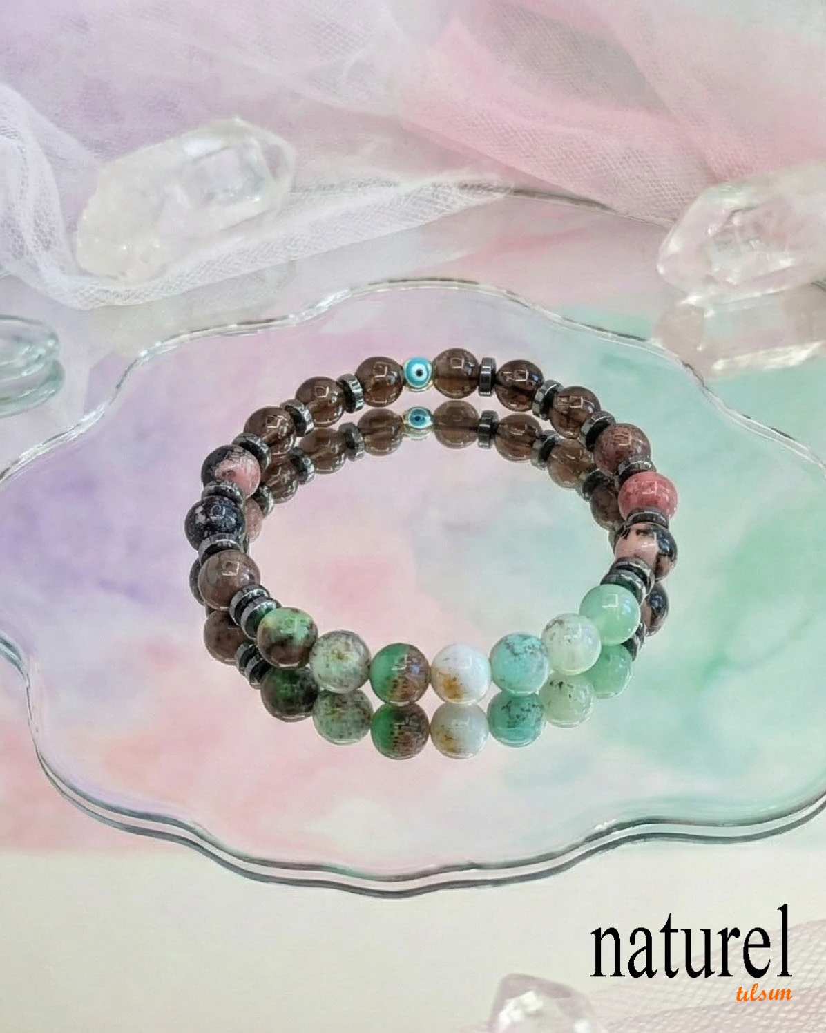 Orijinal Balık Burcu Doğal Taş Bileklik | Dumanlı Kuvars, Rodonit, Krisopras