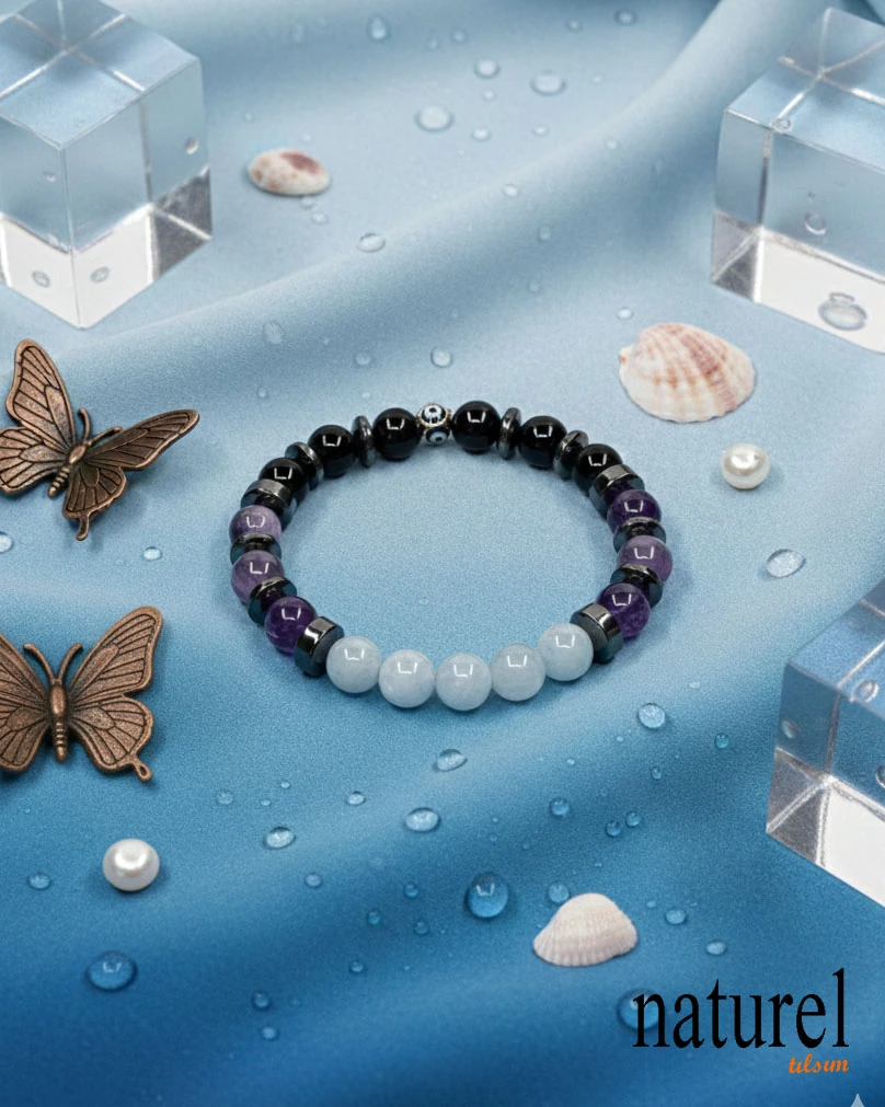 Orijinal Akrep Burcu Doğal Taş Bileklik | Ametist-Akuamarin-Oniks