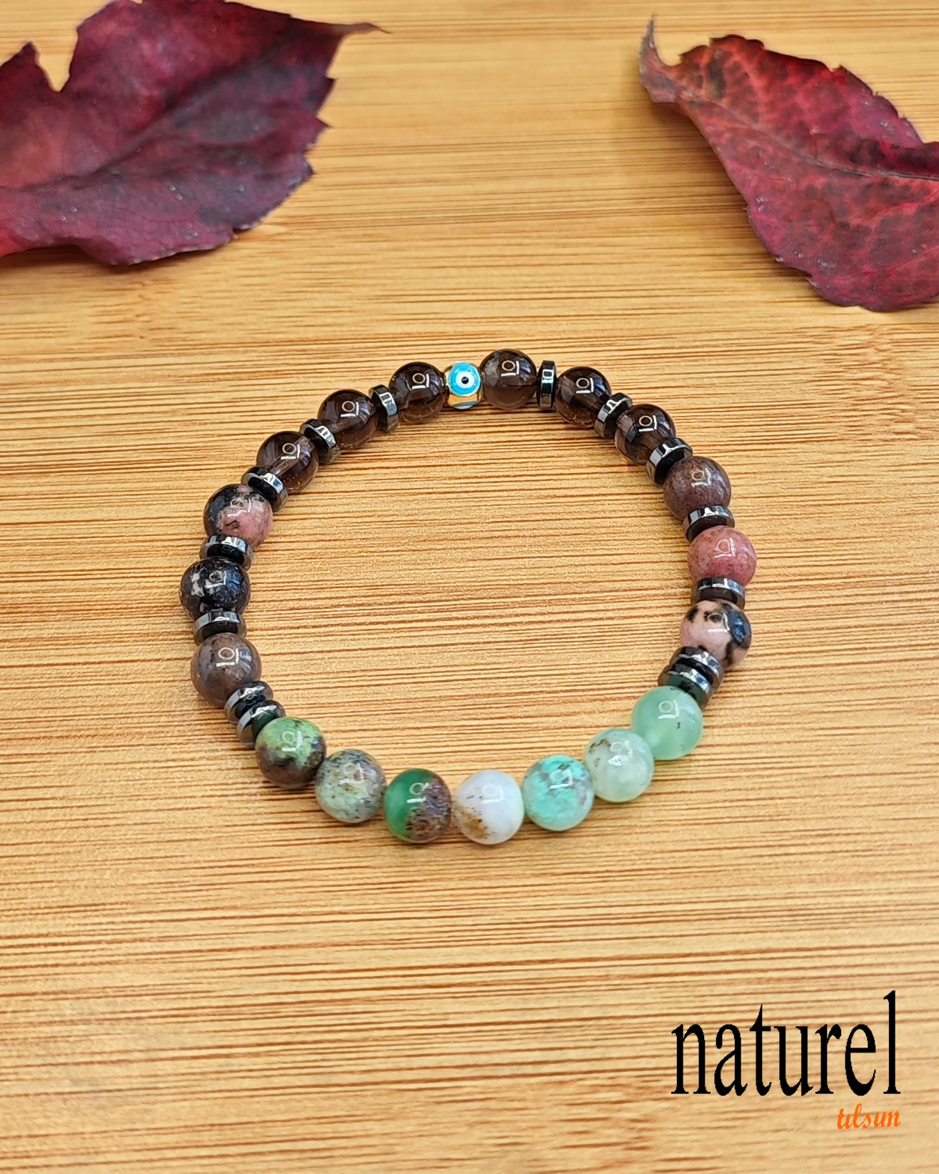 Orijinal Balık Burcu Doğal Taş Bileklik | Dumanlı Kuvars, Rodonit, Krisopras