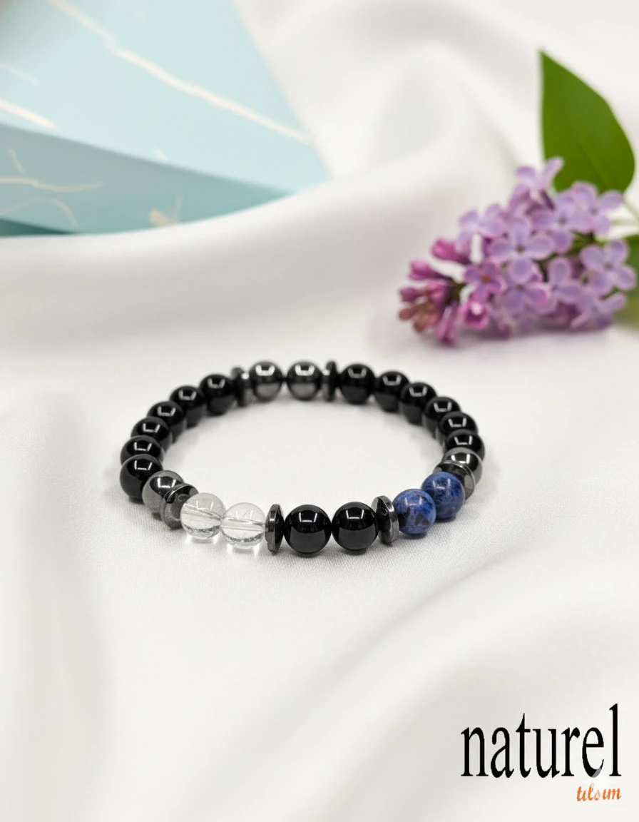 Yay Burcu Doğal Taş Bileklik - Obsidiyen, Sodalit, Kristal Kuvars