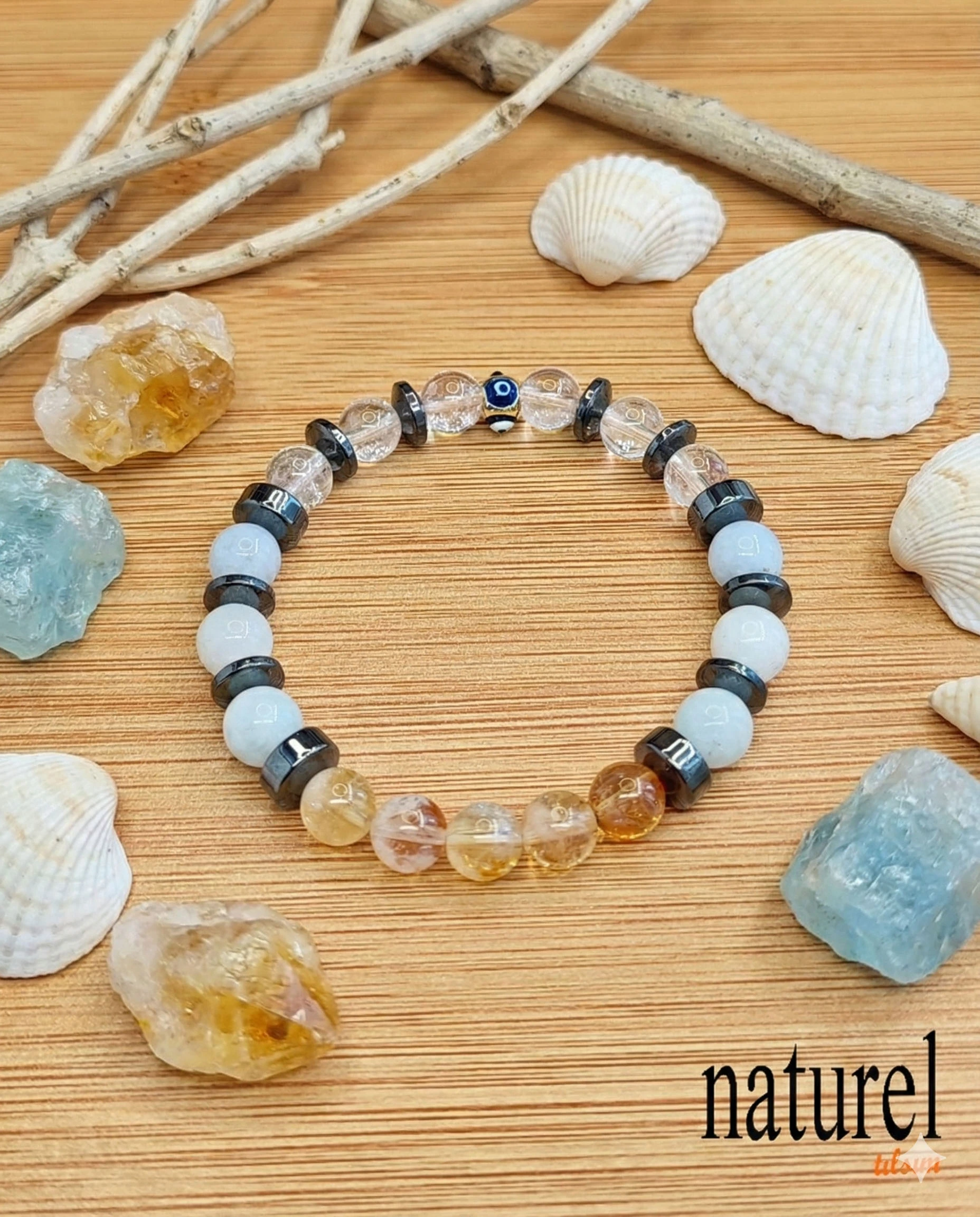 Orijinal İkizler Burcu Doğal Taş Bileklik | Kristal Kuvars-Akuamarin-Sitrin