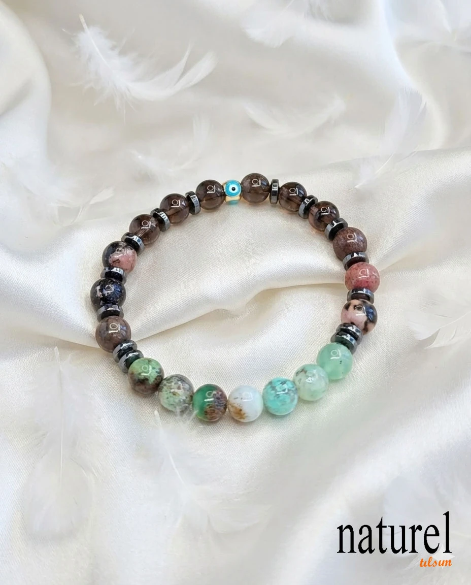 Orijinal Balık Burcu Doğal Taş Bileklik | Dumanlı Kuvars, Rodonit, Krisopras