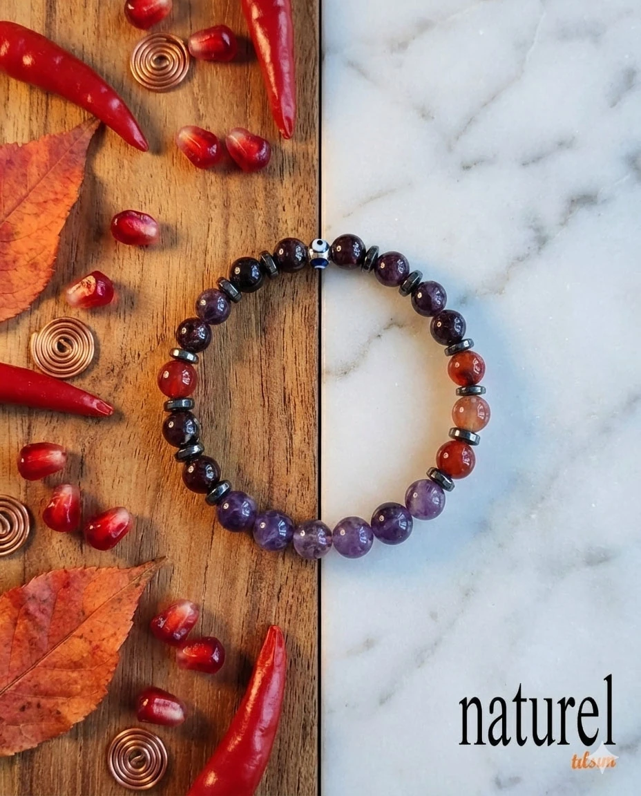 Orijinal Koç Burcu Doğal Taş Bileklik | Garnet-Akik-Ametist