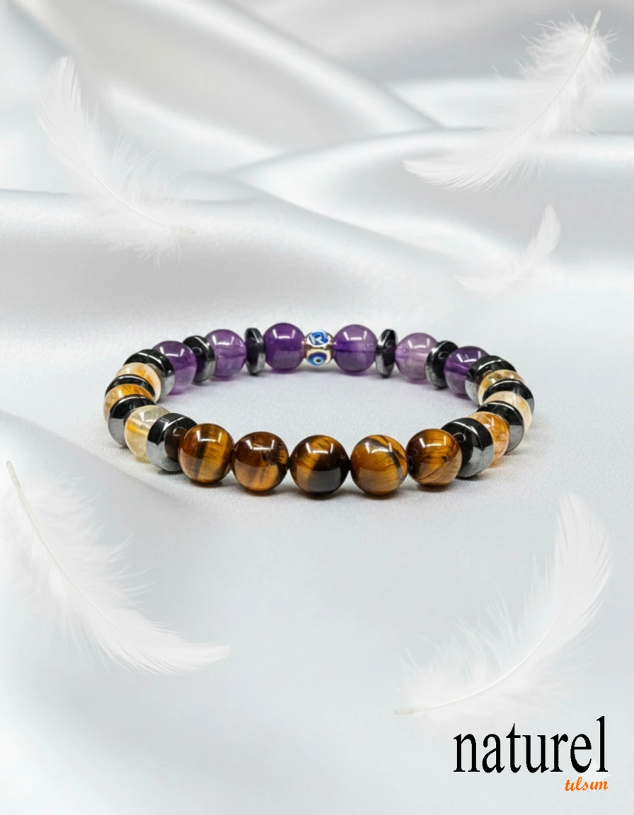 Orijinal Aslan Burcu Doğal Taş Bileklik | Ametist-Sitrin-Kaplan Gözü