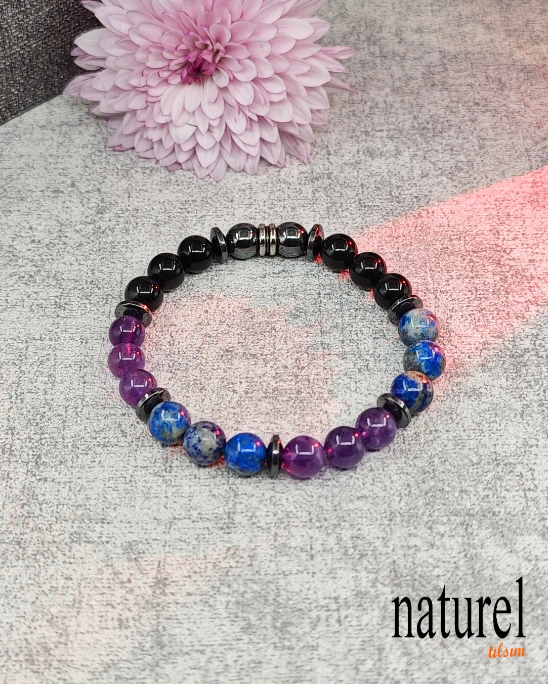 Doğal Taş Başak Burcu Unisex Bileklik | Ametist-lapis Lazuli-Obsidyen-Hematit