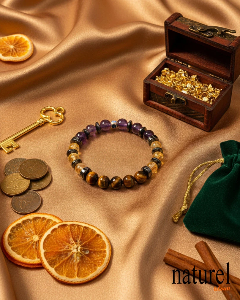 Orijinal Aslan Burcu Doğal Taş Bileklik | Ametist-Sitrin-Kaplan Gözü