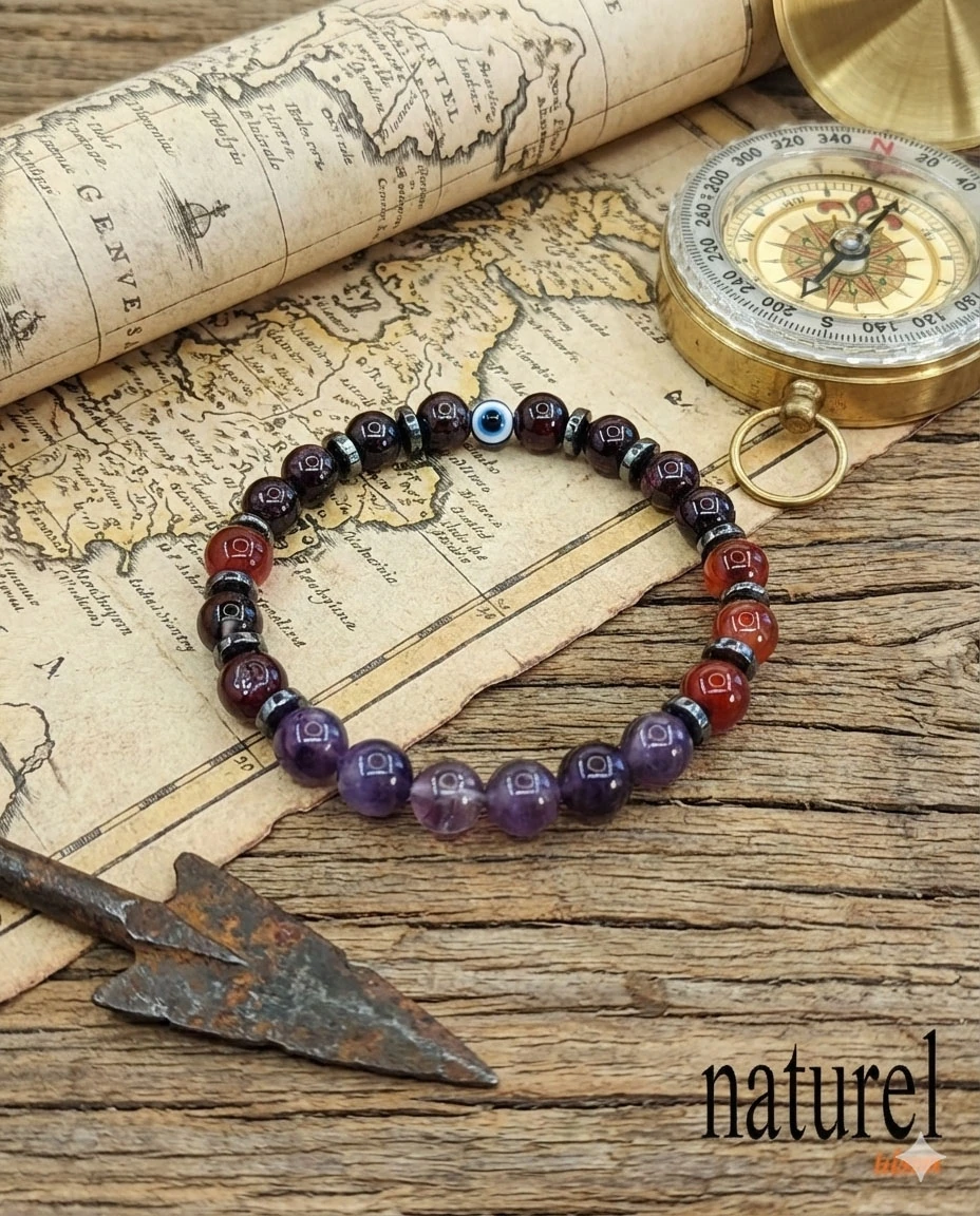 Orijinal Koç Burcu Doğal Taş Bileklik | Garnet-Akik-Ametist