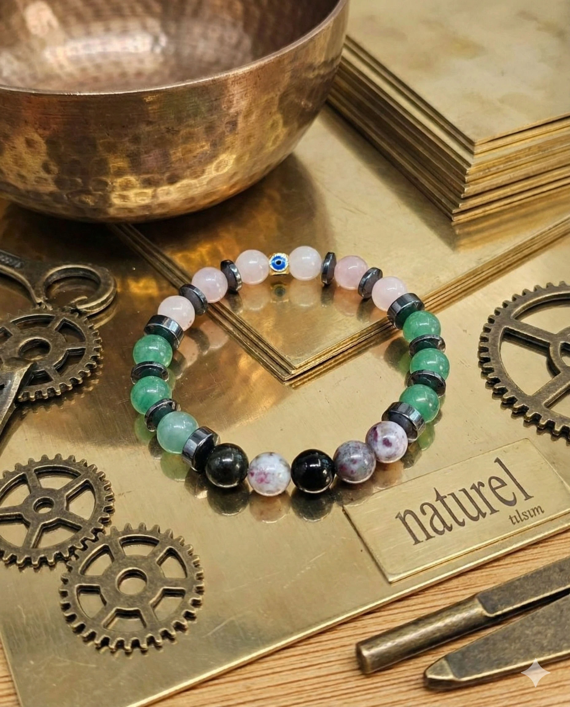 Orijinal Boğa Burcu Doğal Taş Bileklik | Pembe Kuvars-Aventurin-Turmalin