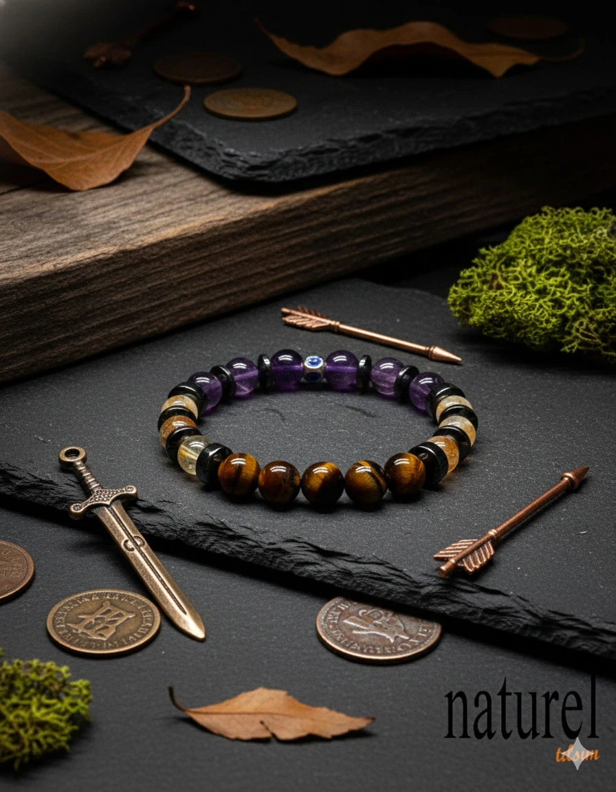 Orijinal Aslan Burcu Doğal Taş Bileklik | Ametist-Sitrin-Kaplan Gözü