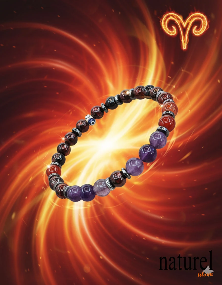 Orijinal Koç Burcu Doğal Taş Bileklik | Garnet-Akik-Ametist