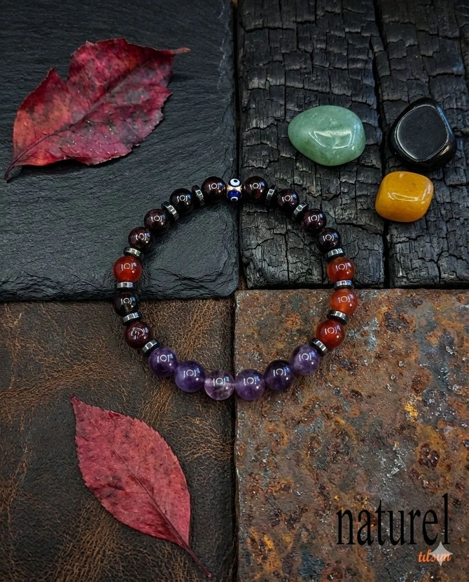 Orijinal Koç Burcu Doğal Taş Bileklik | Garnet-Akik-Ametist