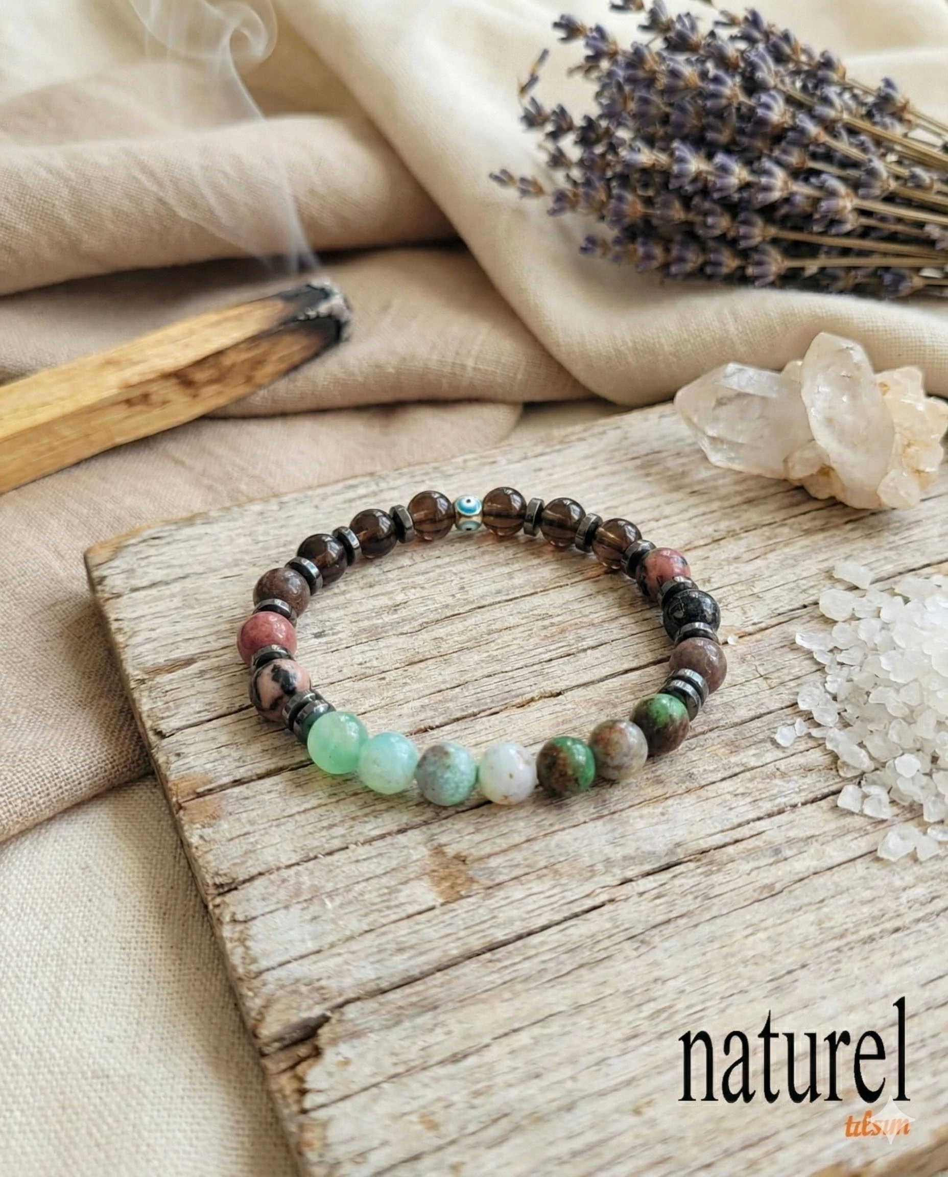 Orijinal Balık Burcu Doğal Taş Bileklik | Dumanlı Kuvars, Rodonit, Krisopras