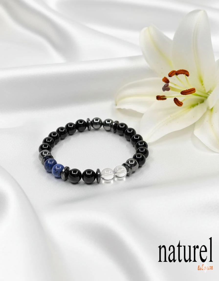 Yay Burcu Doğal Taş Bileklik - Obsidiyen, Sodalit, Kristal Kuvars