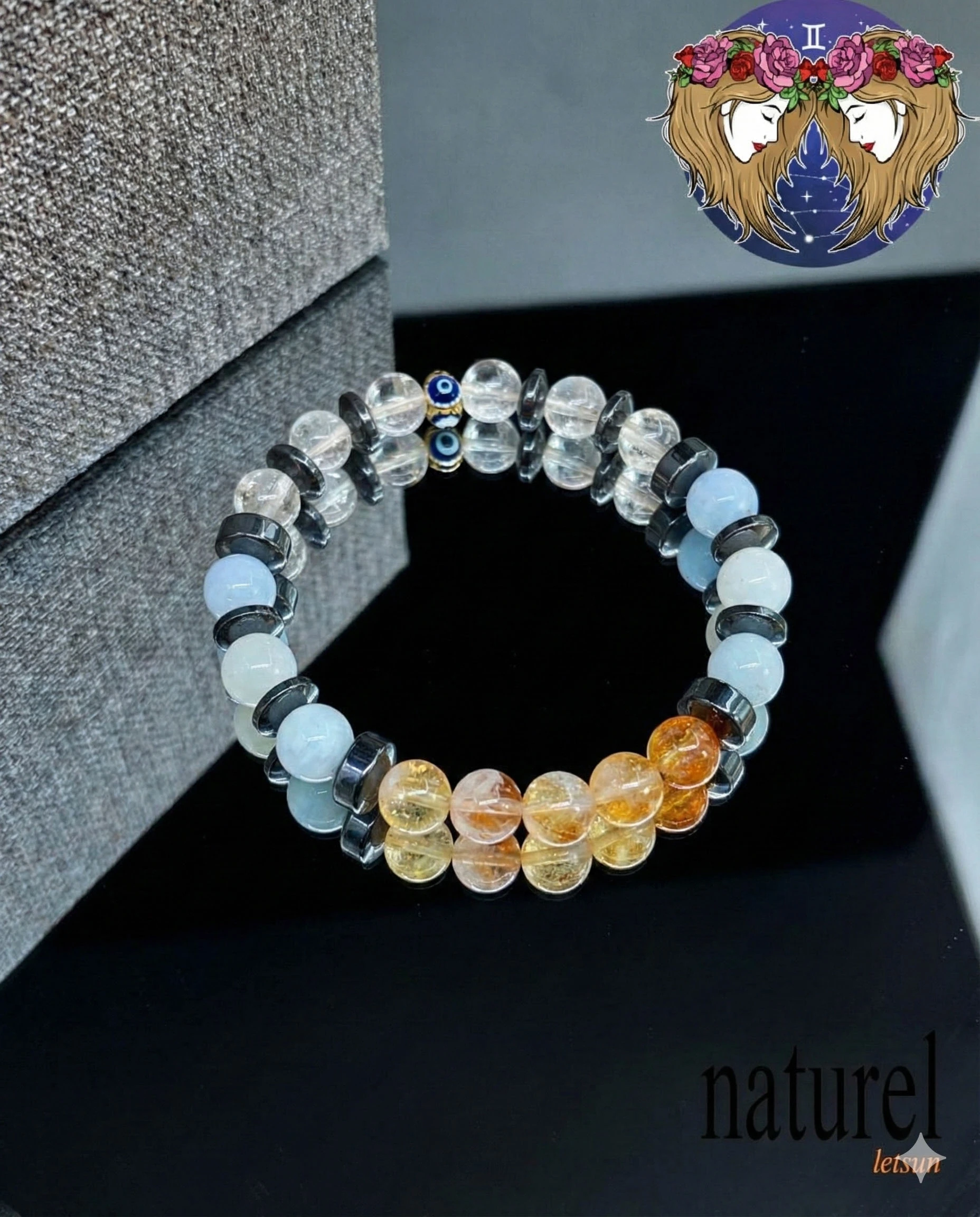 Orijinal İkizler Burcu Doğal Taş Bileklik | Kristal Kuvars-Akuamarin-Sitrin