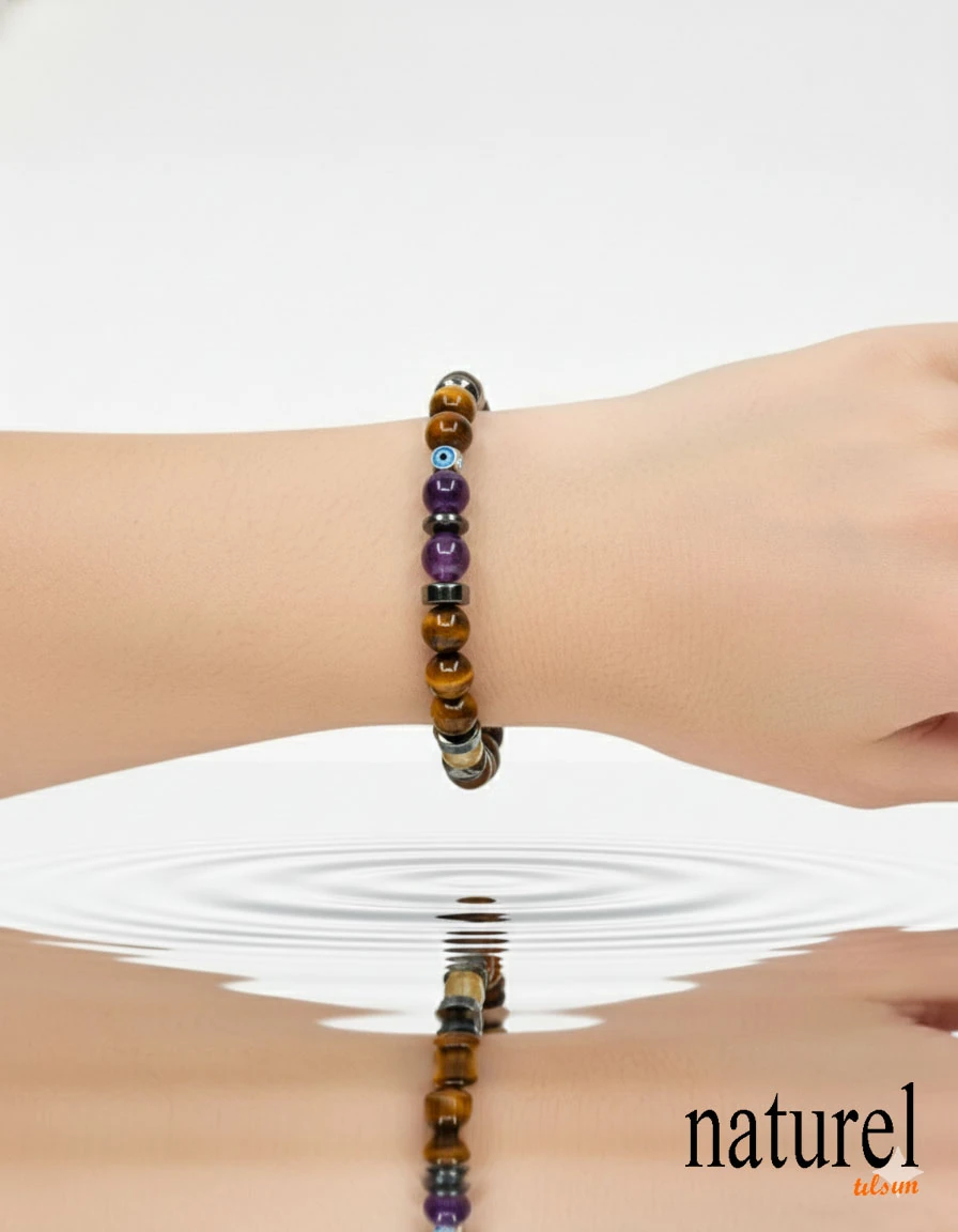 Orijinal Aslan Burcu Doğal Taş Bileklik | Ametist-Sitrin-Kaplan Gözü