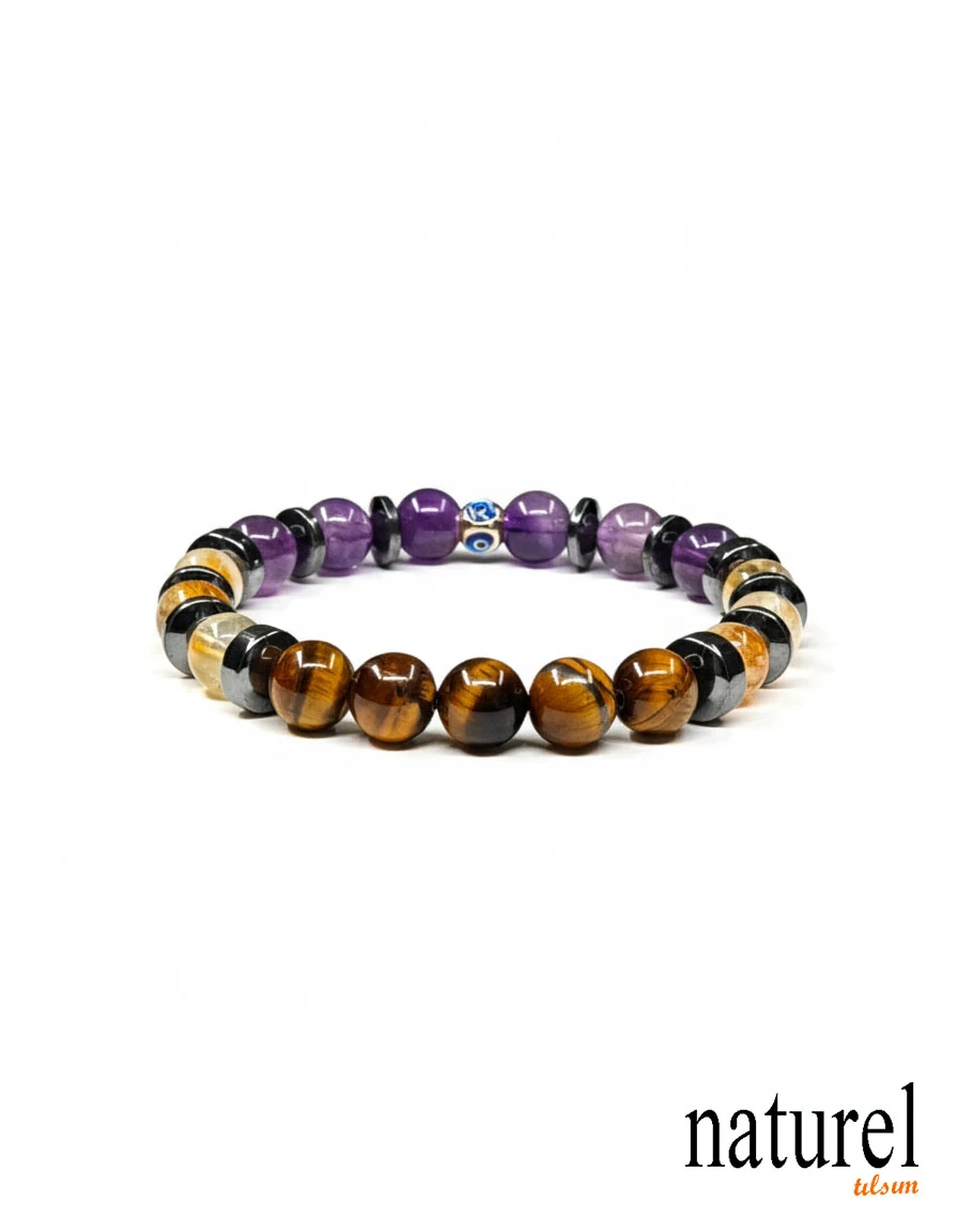 Orijinal Aslan Burcu Doğal Taş Bileklik | Ametist-Sitrin-Kaplan Gözü