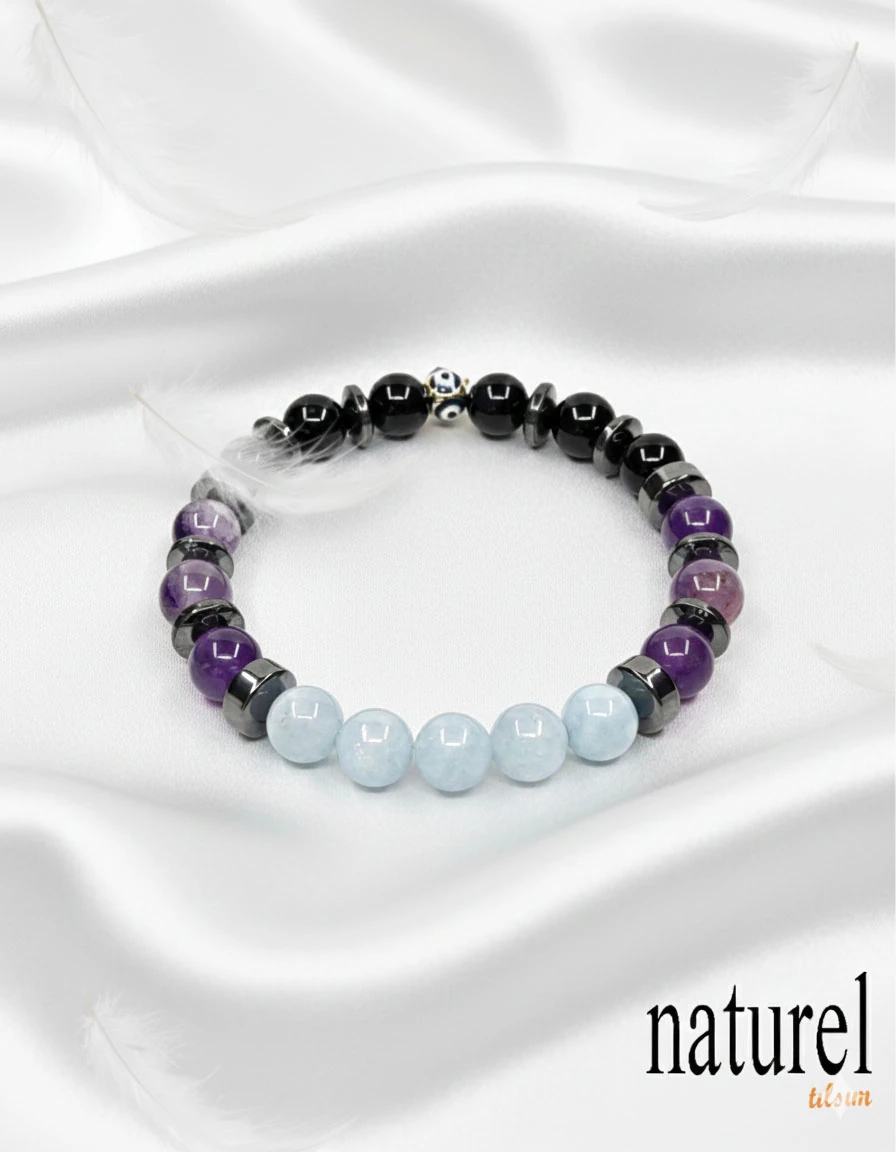 Orijinal Akrep Burcu Doğal Taş Bileklik | Ametist-Akuamarin-Oniks