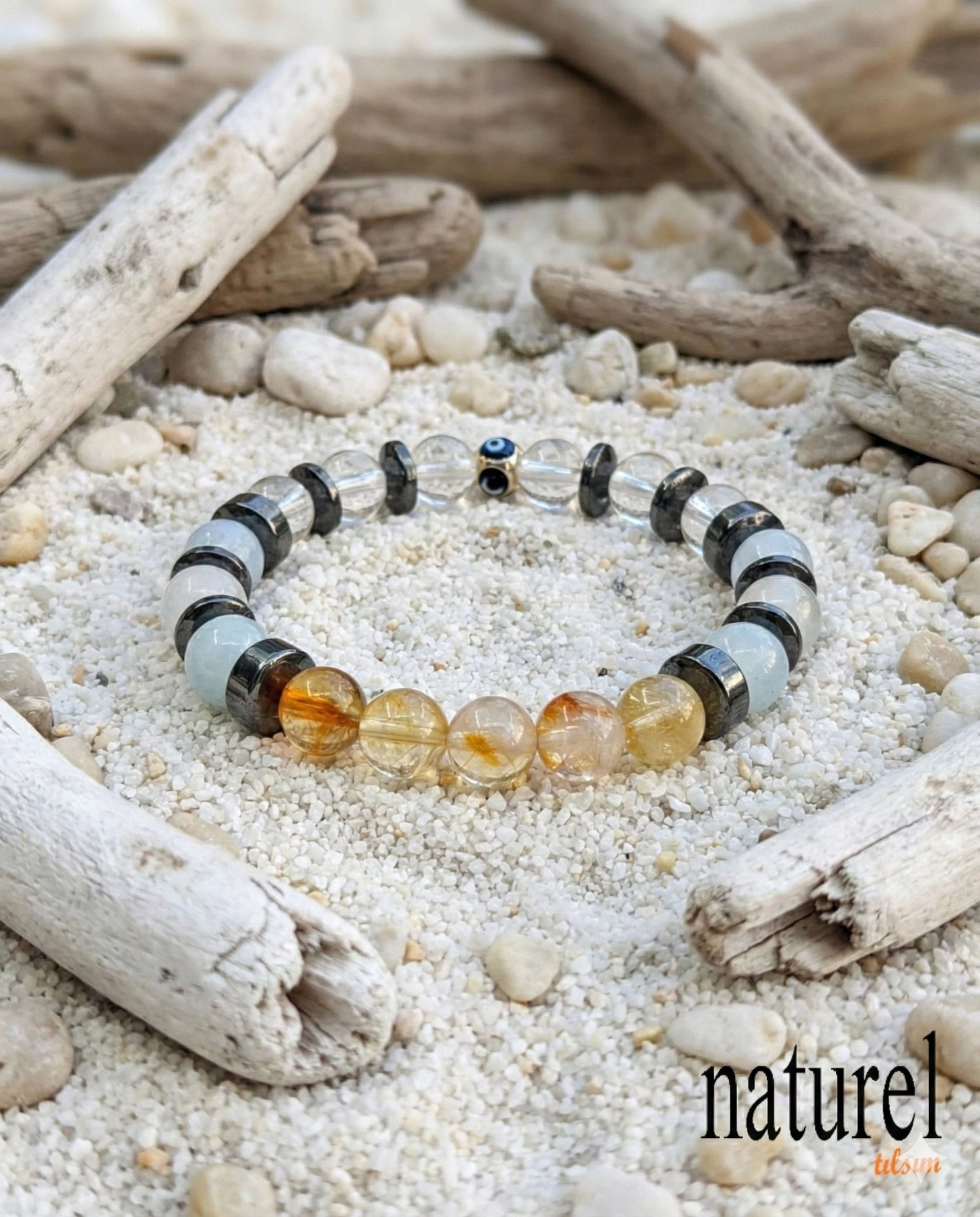 Orijinal İkizler Burcu Doğal Taş Bileklik | Kristal Kuvars-Akuamarin-Sitrin