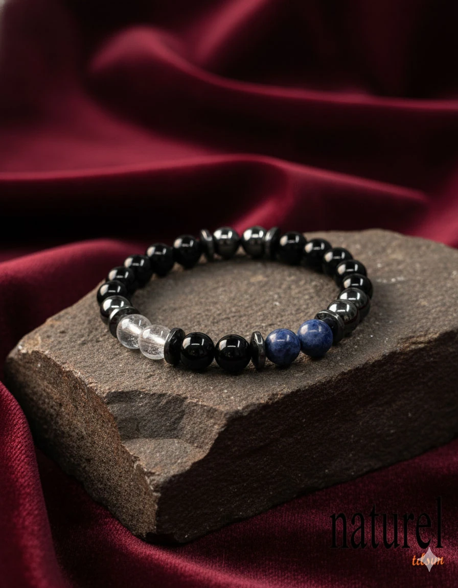 Yay Burcu Doğal Taş Bileklik - Obsidiyen, Sodalit, Kristal Kuvars