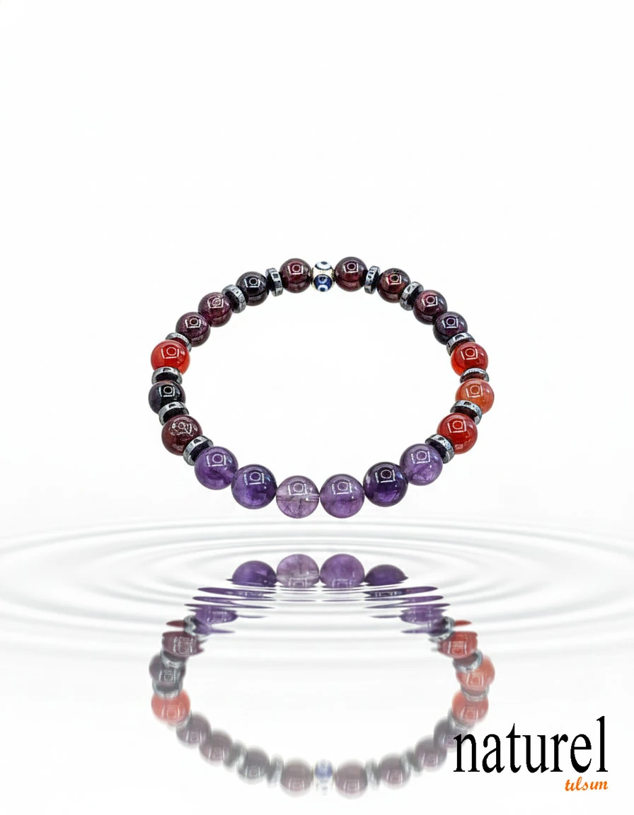 Orijinal Koç Burcu Doğal Taş Bileklik | Garnet-Akik-Ametist