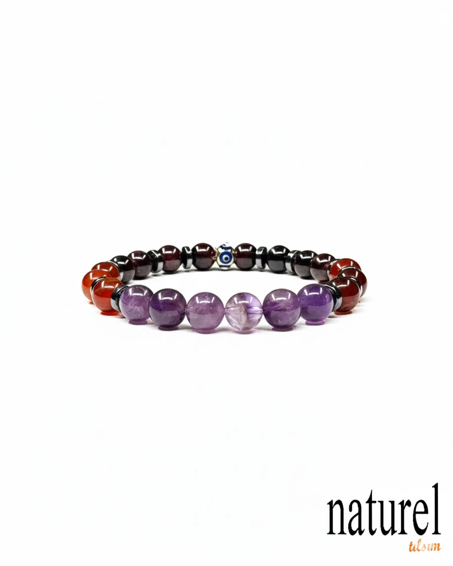 Orijinal Koç Burcu Doğal Taş Bileklik | Garnet-Akik-Ametist