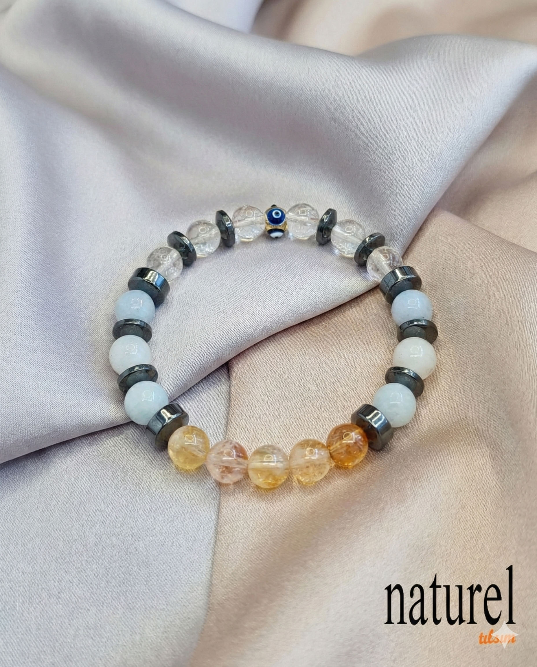 Orijinal İkizler Burcu Doğal Taş Bileklik | Kristal Kuvars-Akuamarin-Sitrin