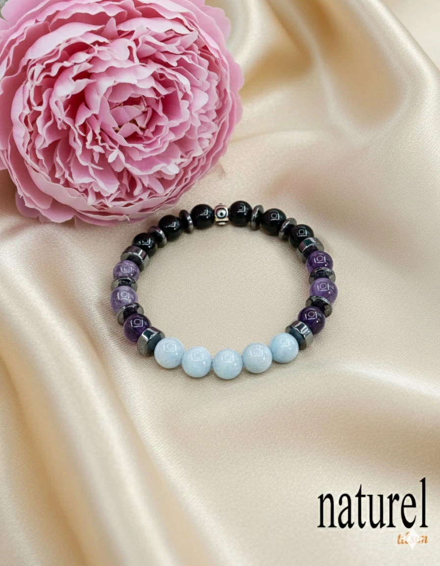 Orijinal Akrep Burcu Doğal Taş Bileklik | Ametist-Akuamarin-Oniks