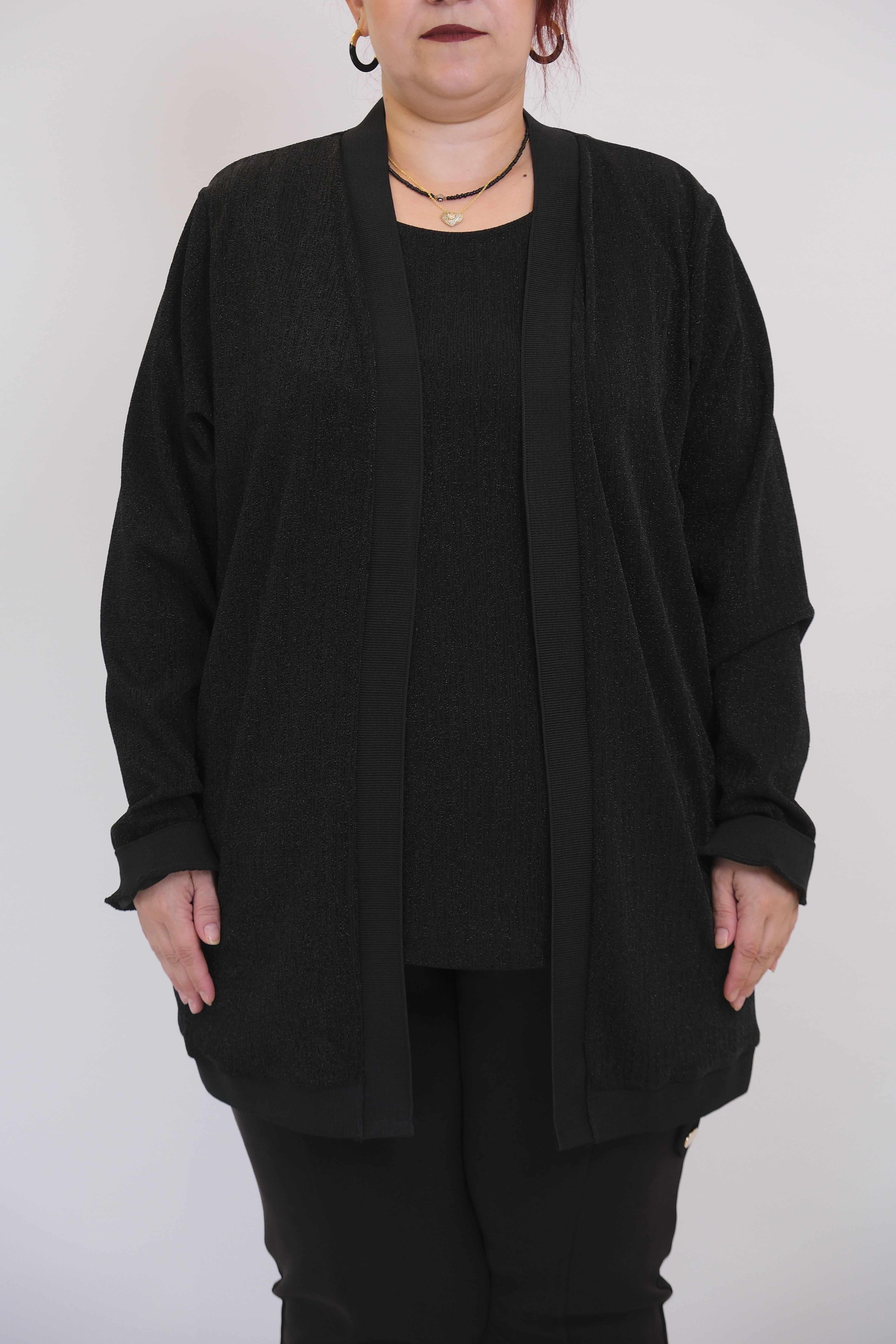 ON FASHION İç Atletli Simli Hırka - Siyah