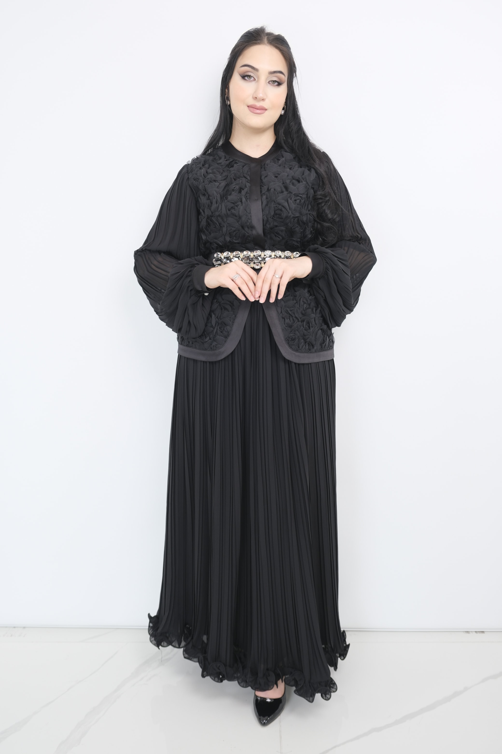 GAZZELLA Güllü Şifon Etekli Takım  - Siyah