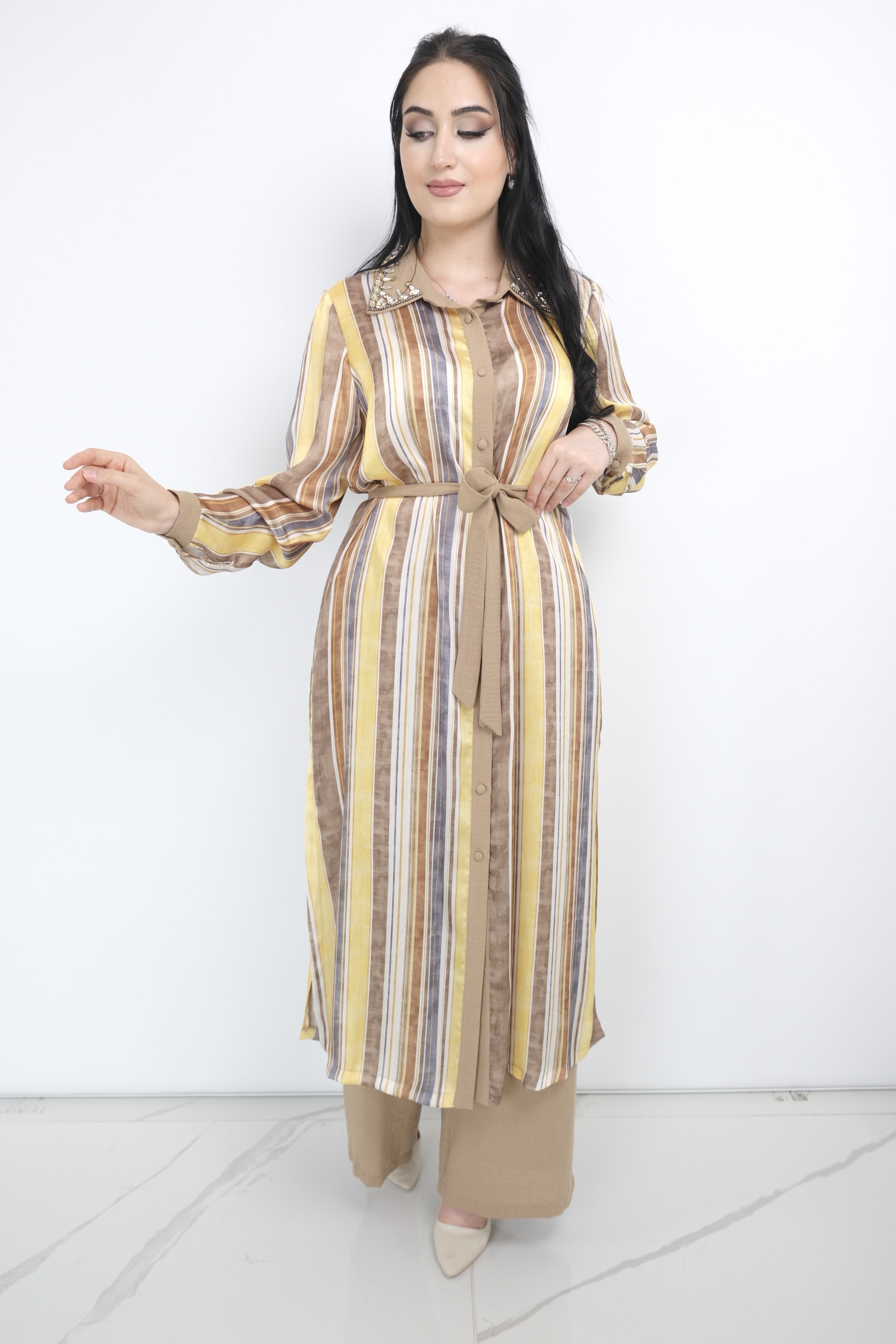 GAZZELLA Çizgili Pantolonlu Takım  - Vizon