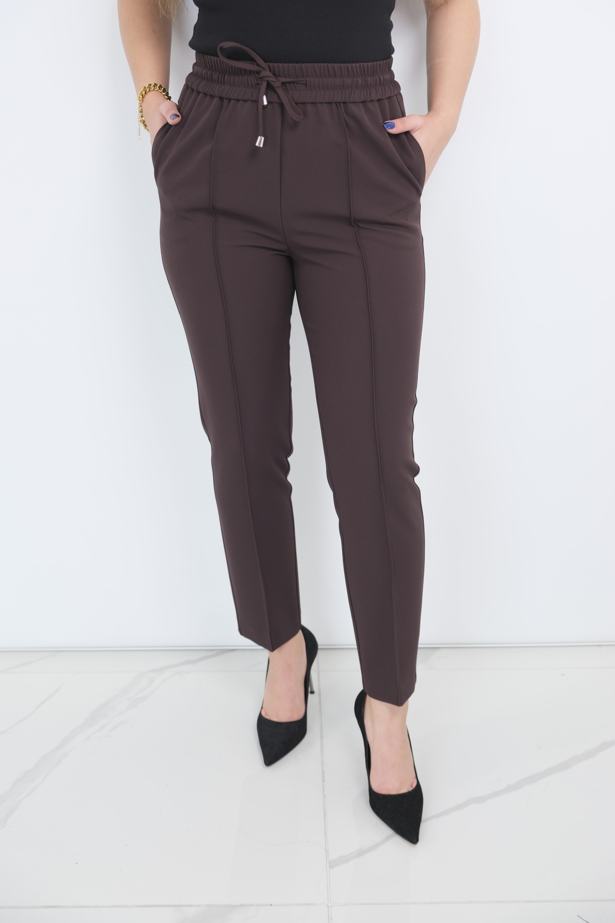 YUSUF ÖZDEMİR Bel Bağcıklı Kalem Pantolon  - Acı Kahve