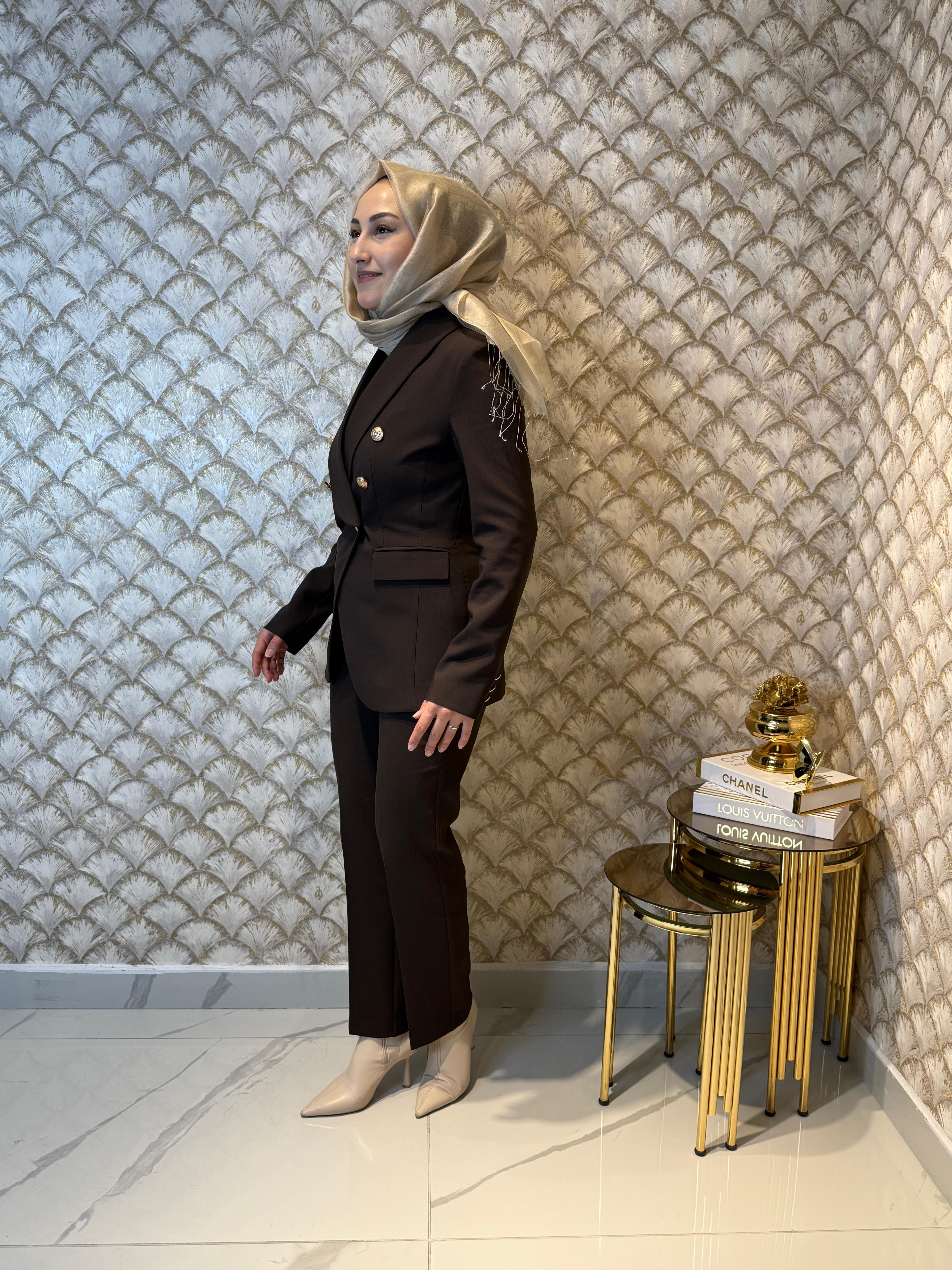 EKOL  Kruvaze Yaka Kapak Cepli Ceket Takım