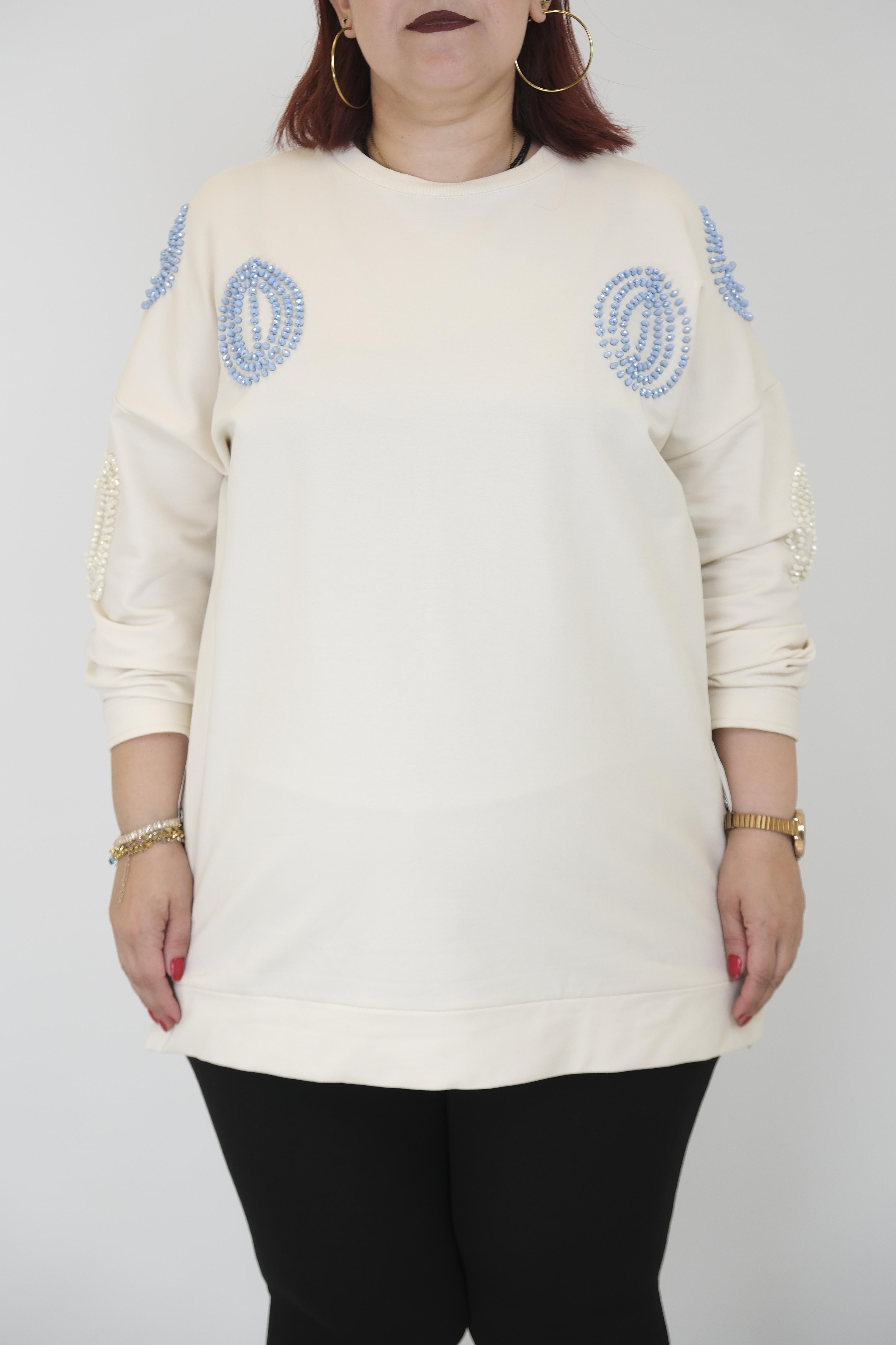 MY CITY Boncuk İşlemeli Sweatshirt - Ekru