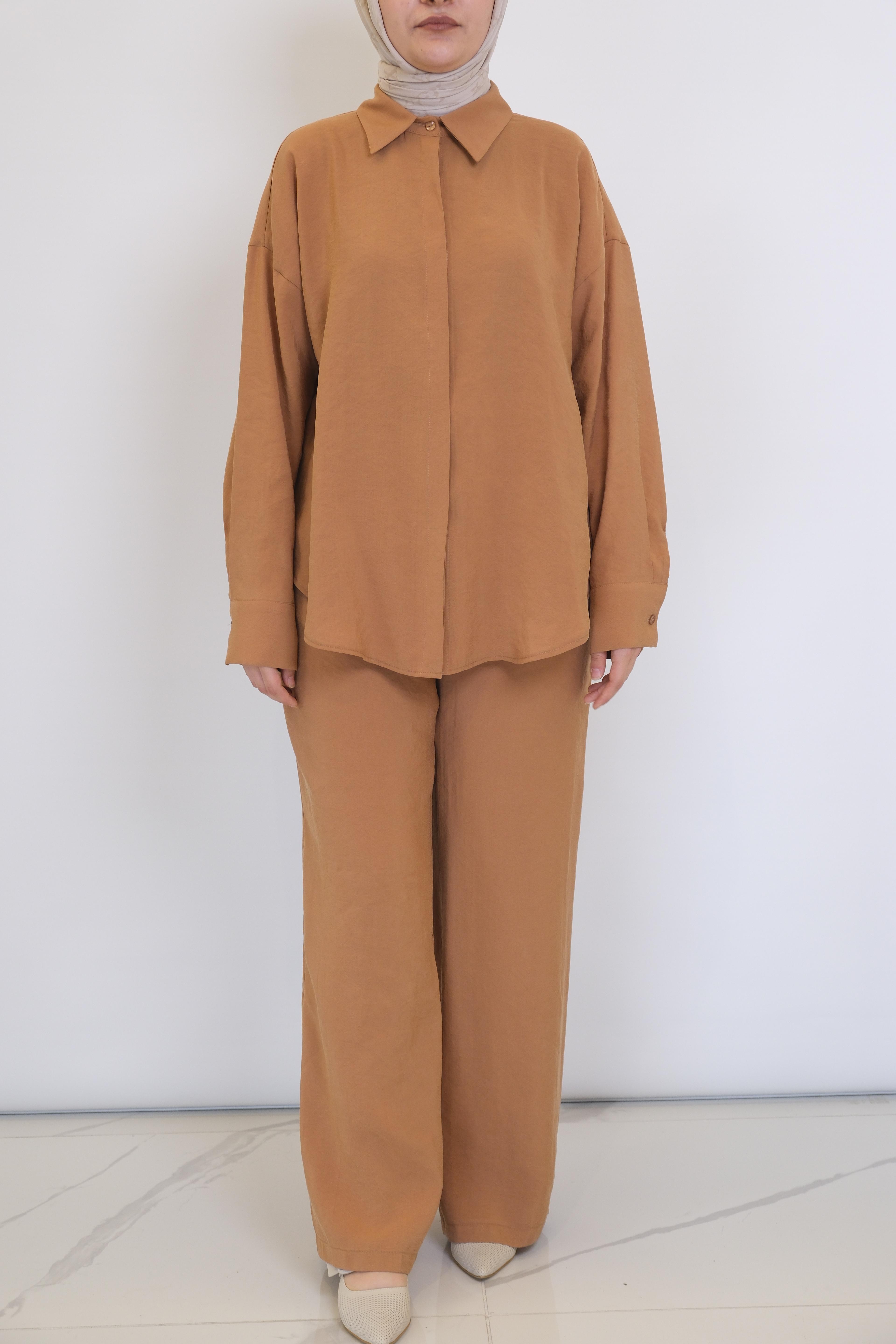 ON FASHION Uzun Kollu Gömlek Pantolon Takım - Kahve