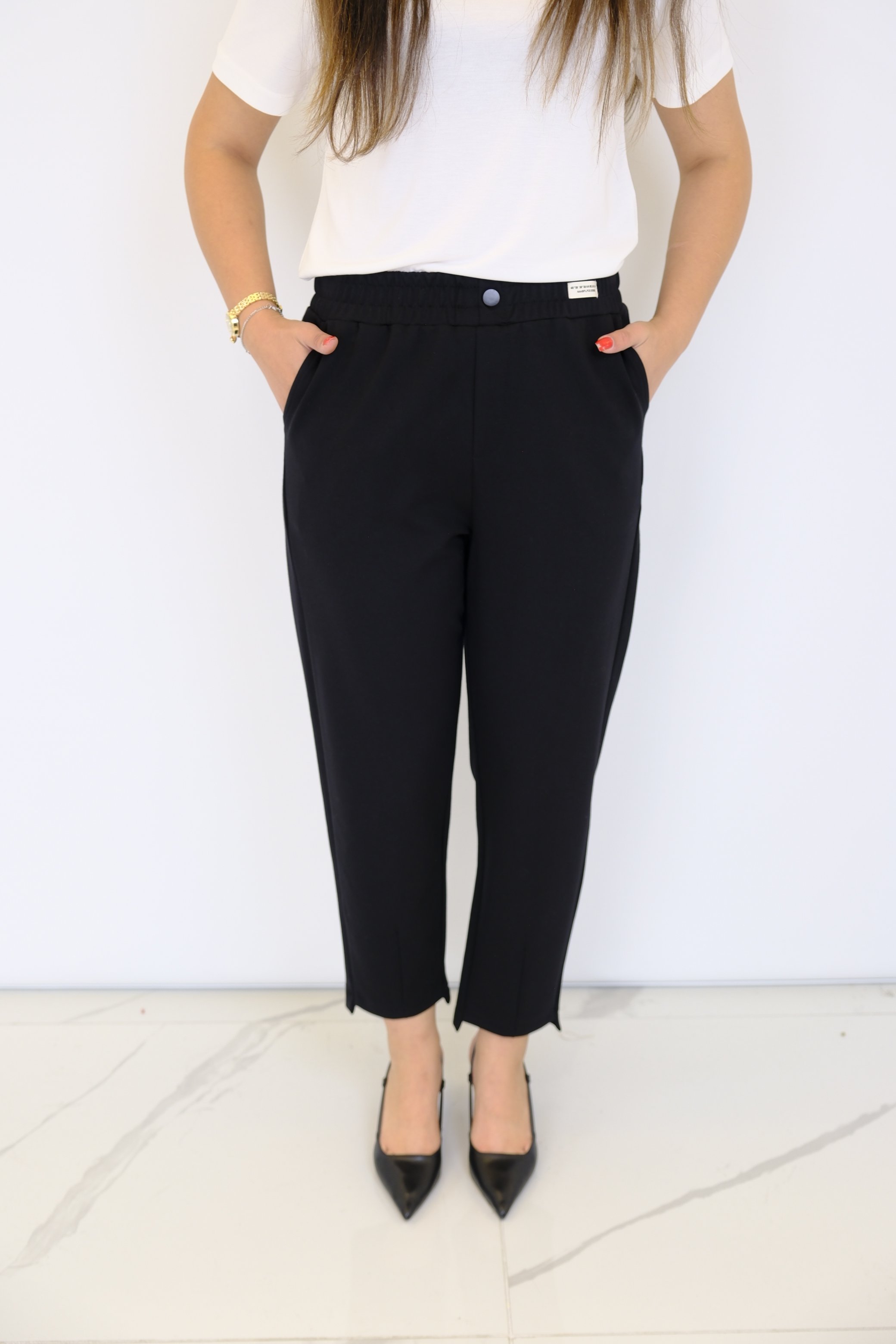 ON FASHION Beli Lastikli Etiket Detaylı Pantolon - Siyah