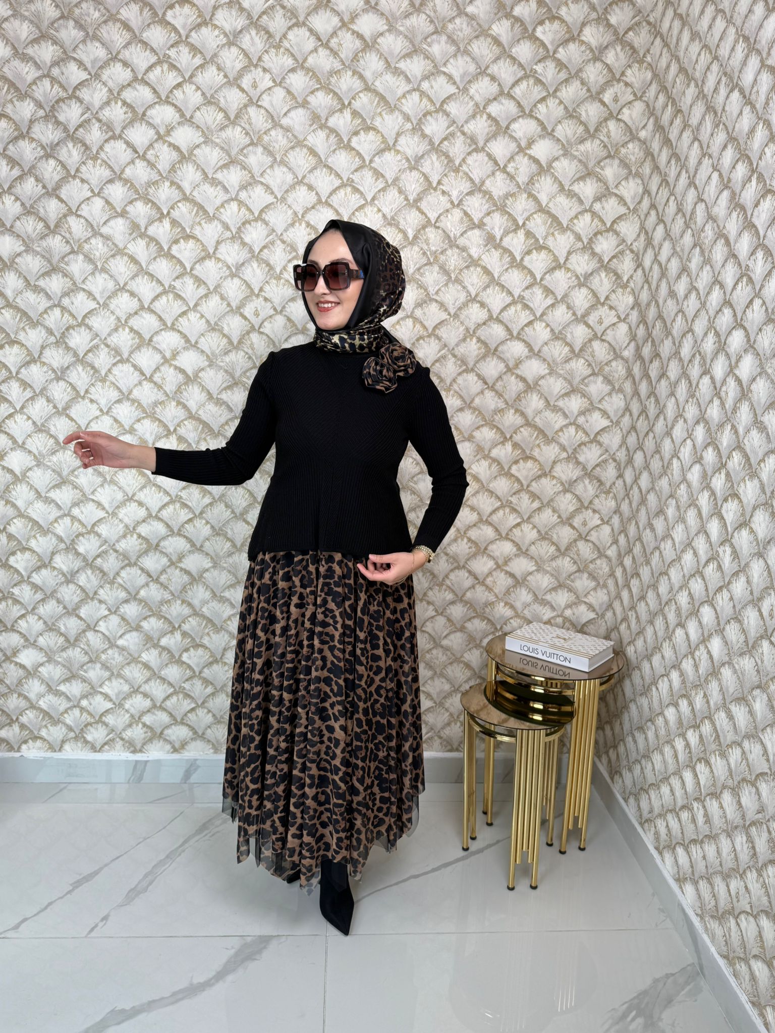 MODAİLGİ Eteği Asimetrik Leopar Desenli Trikolu Elbise  - Siyah