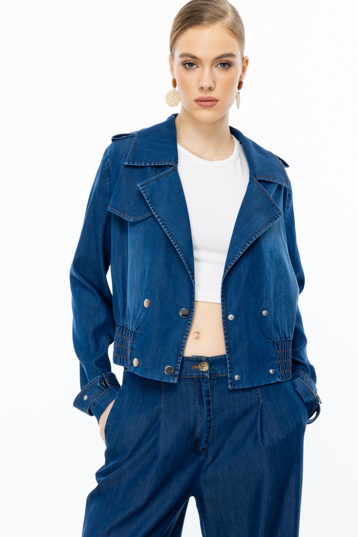 EKOL Beli Lastikli Crop Mont - İndigo