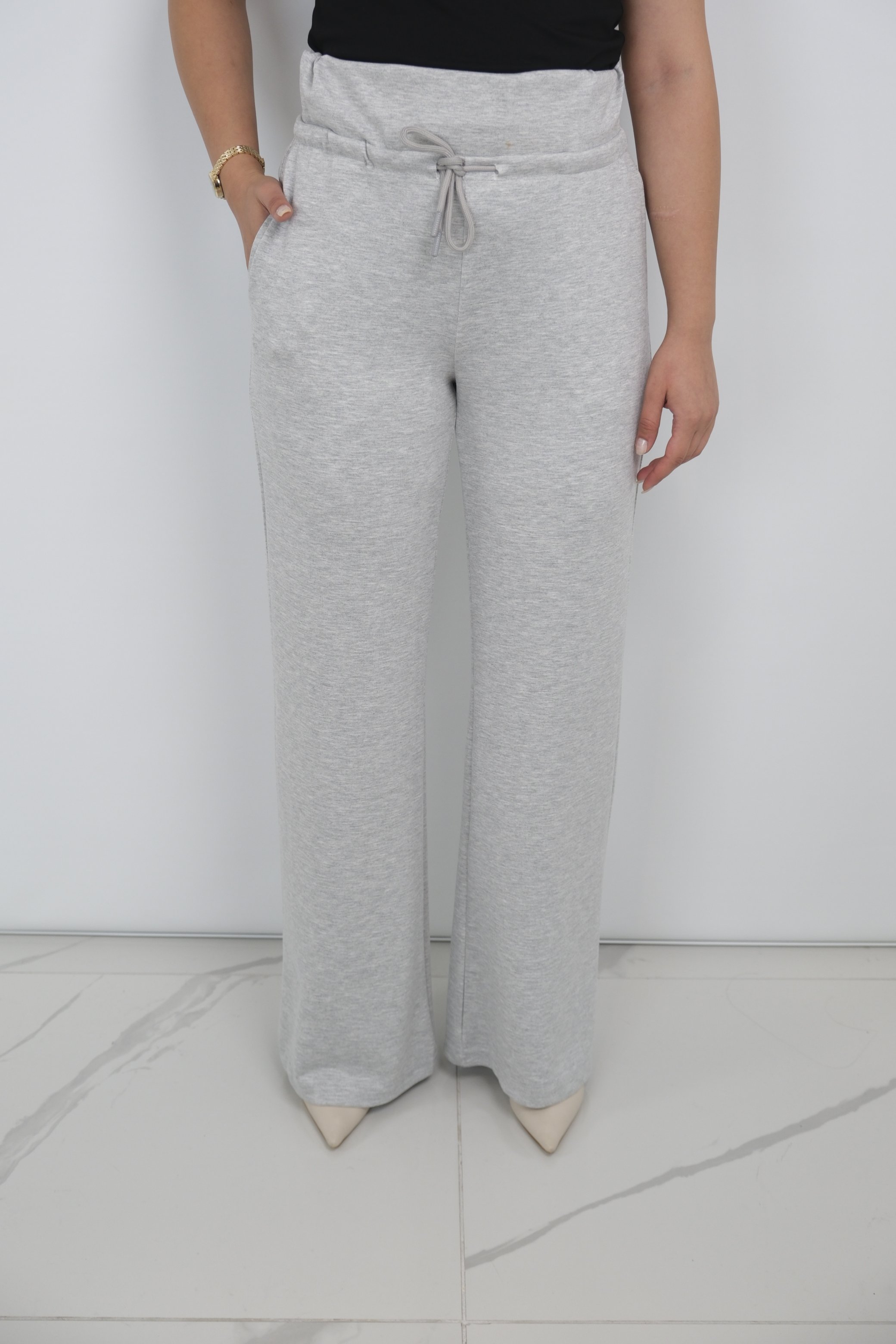 ON FASHION Beli Bağcıklı Bol Paça Pantolon - Gri