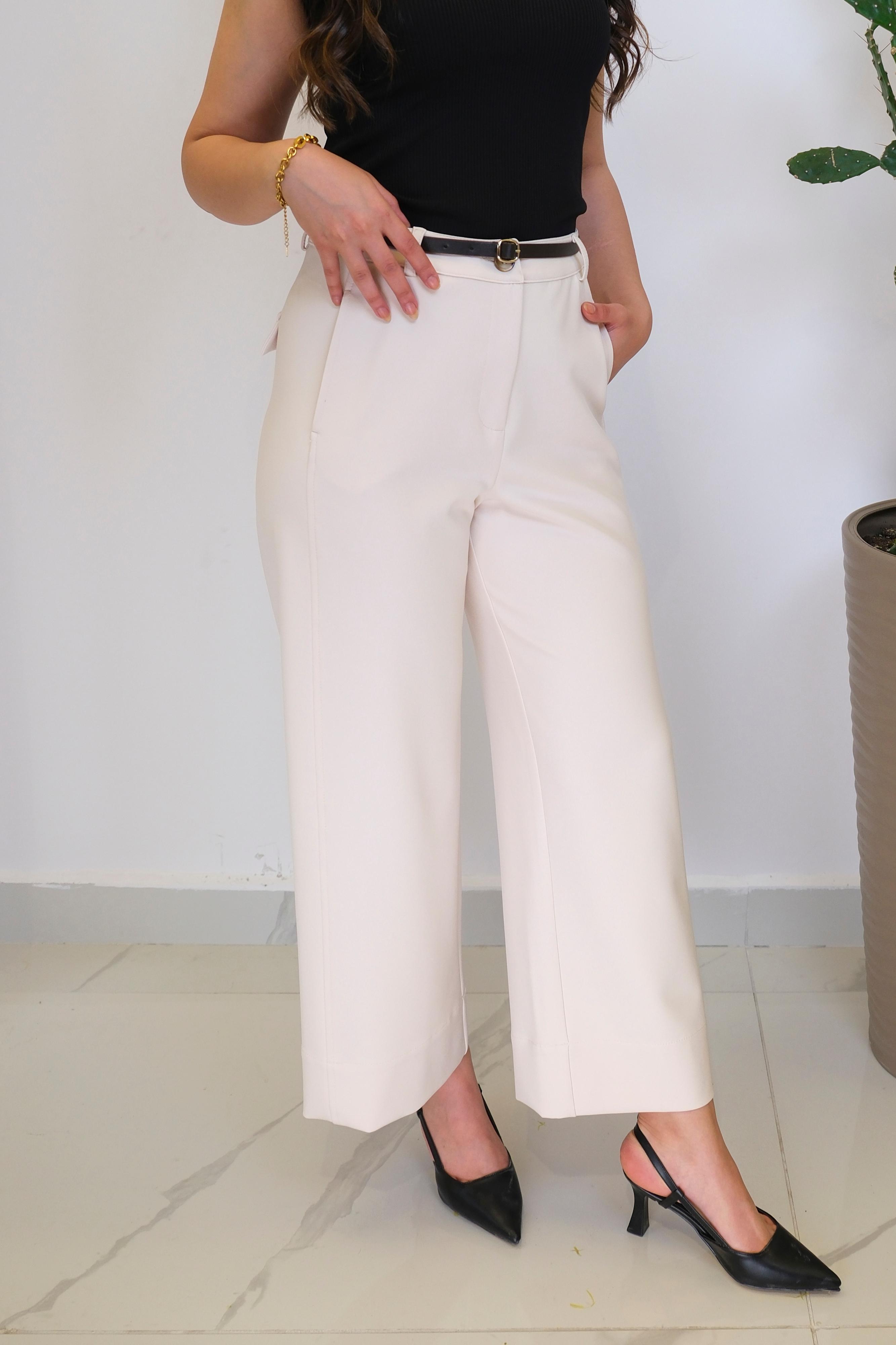EKOL Beli Kemerli Bol Paça Pantolon - Bej