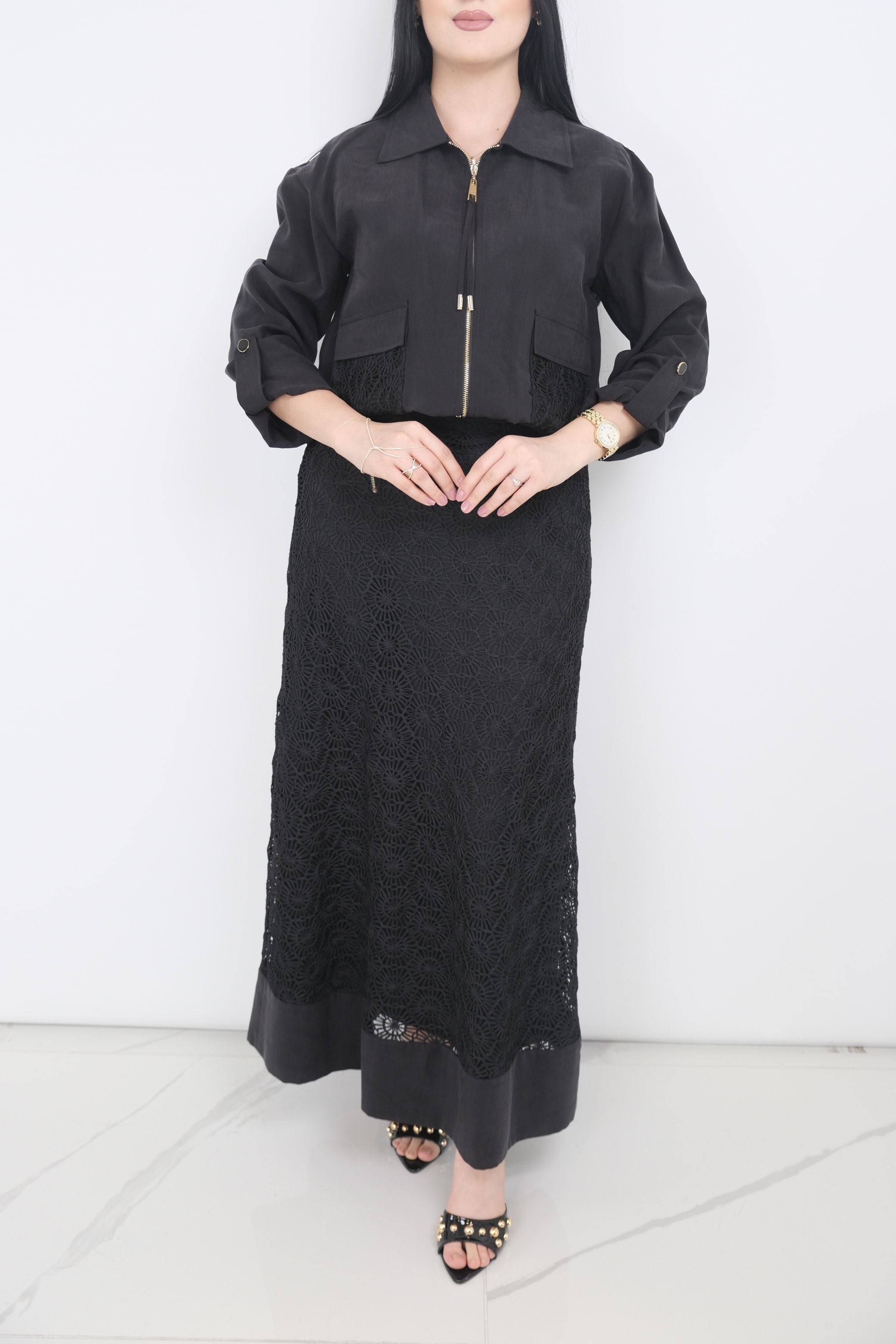 LEVİDOR Çiçek Dantelli Etek Takım  - Siyah