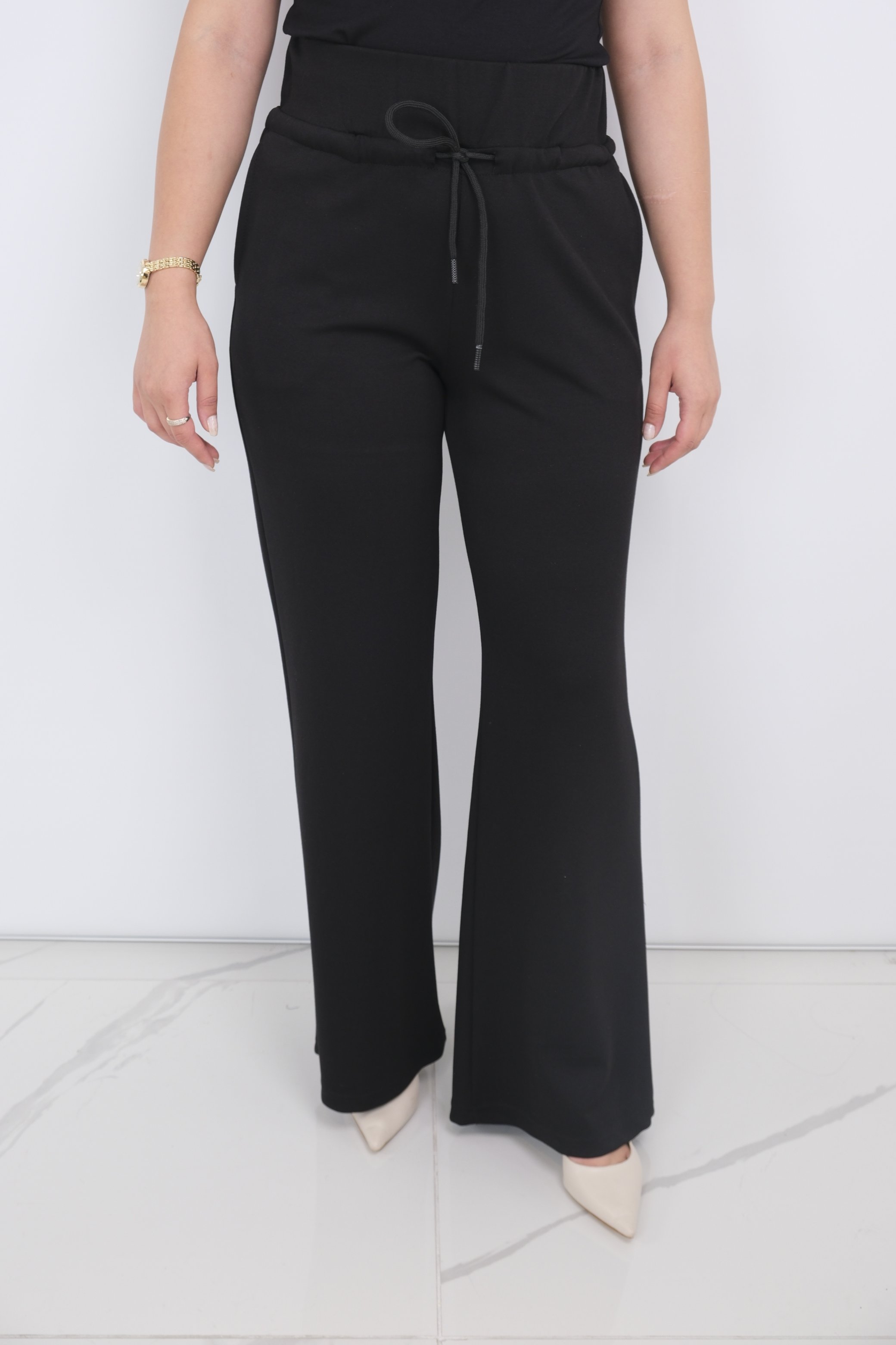 ON FASHION Beli Bağcıklı Bol Paça Pantolon - Siyah