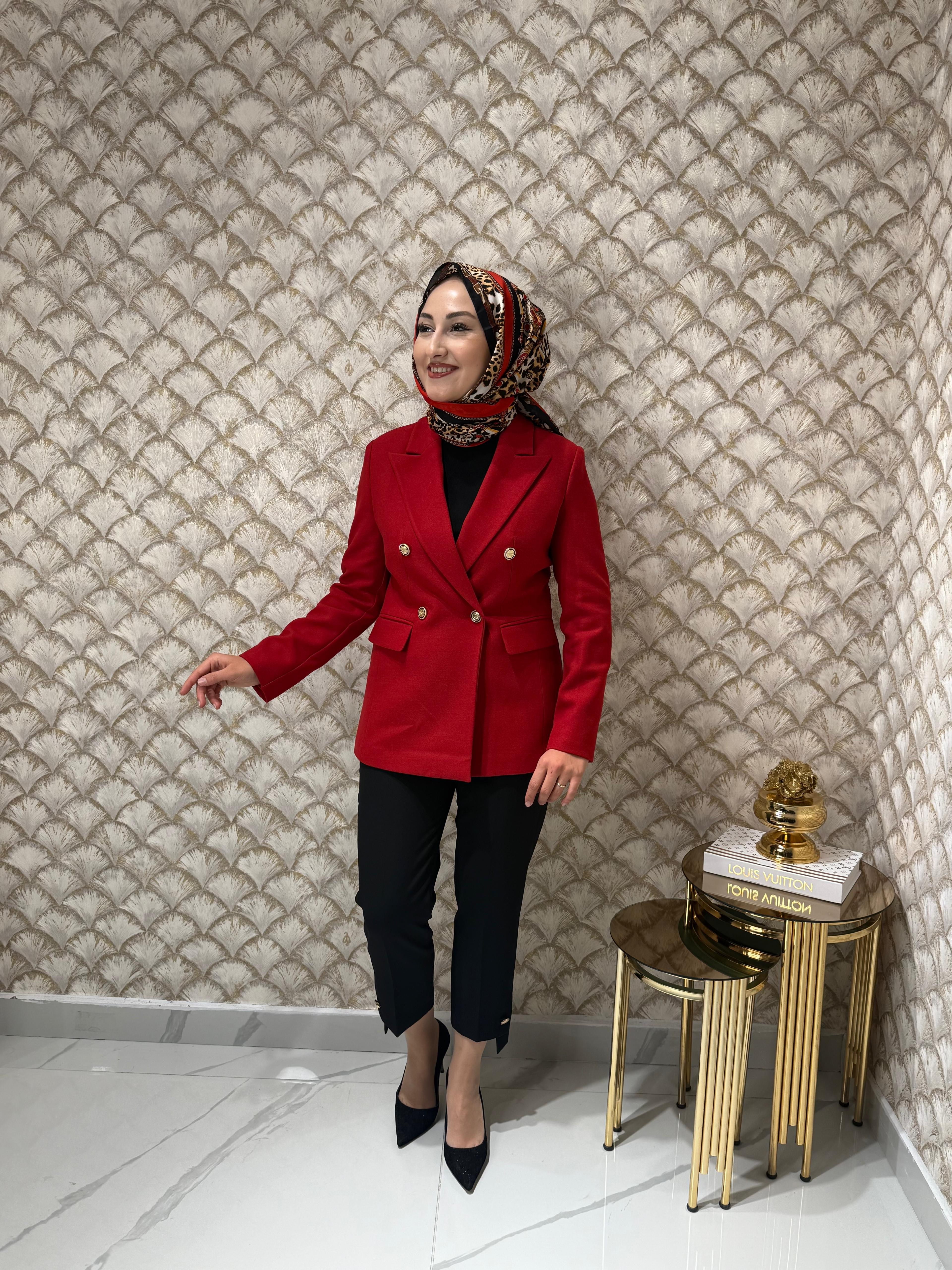 EKOL  Kruvaze Yaka Kaşe Ceket - Kırmızı