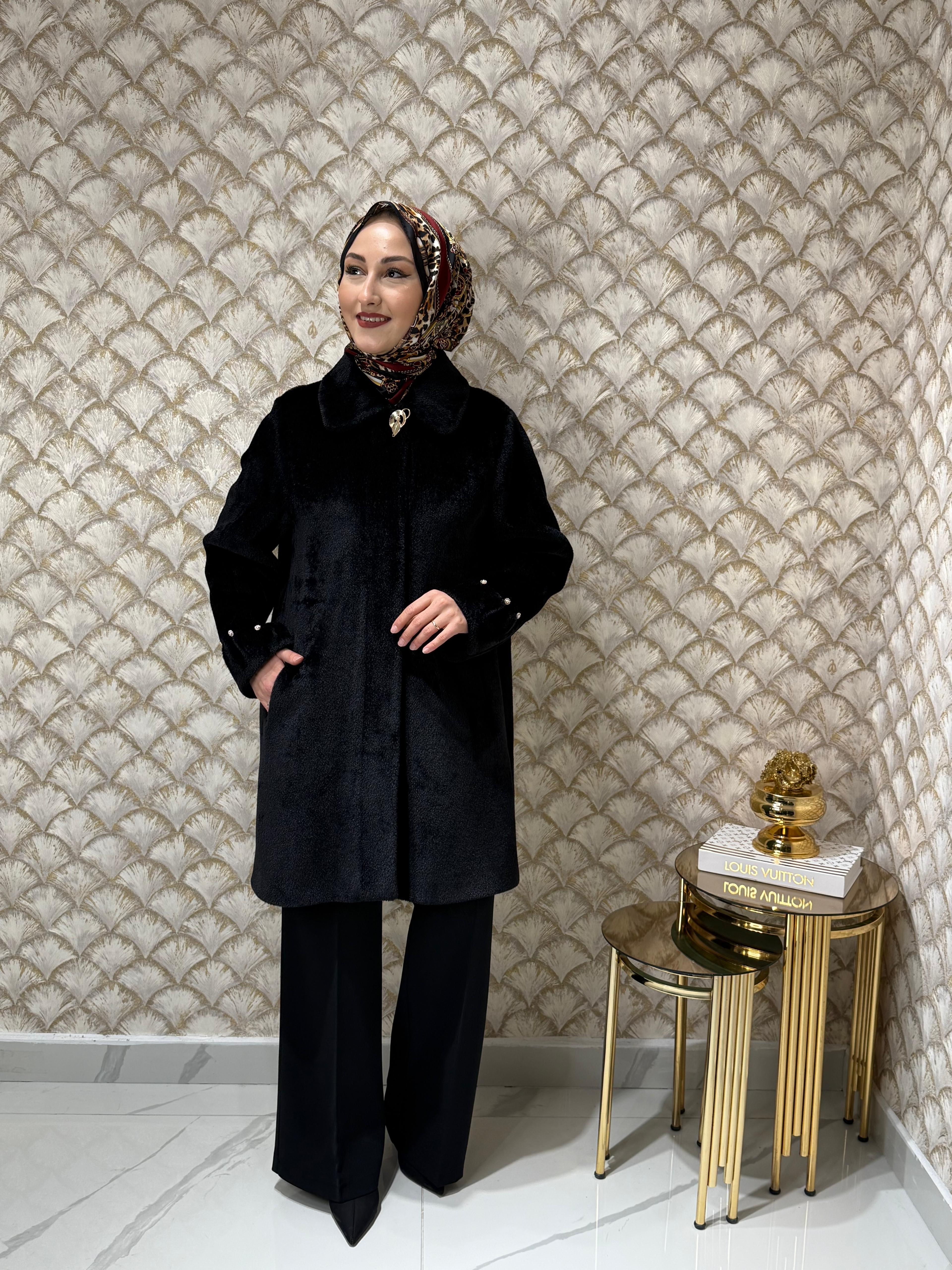 EKOL Kürklü Taş Detaylı Kaban