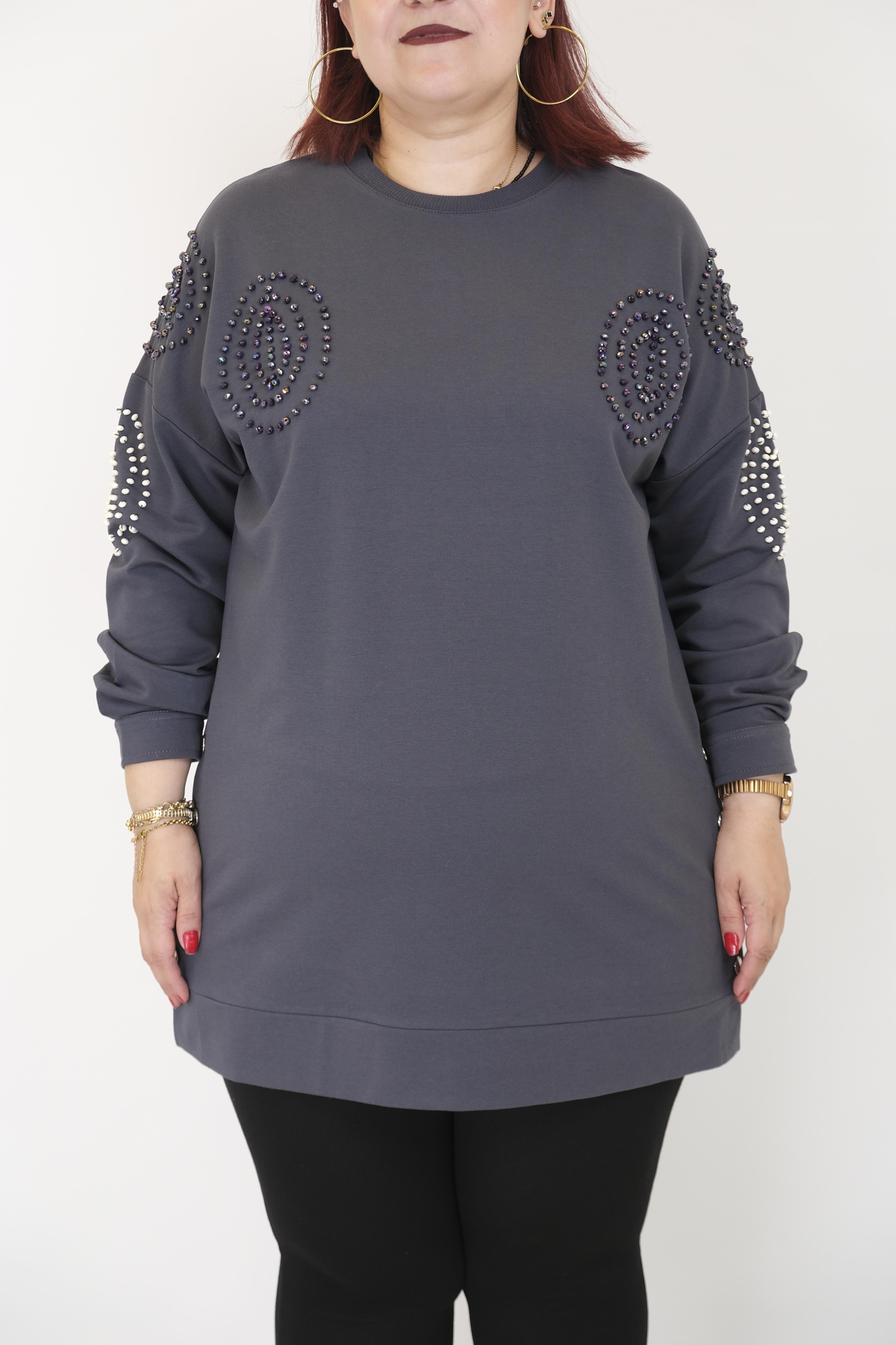 MY CITY Boncuk İşlemeli Sweatshirt - Füme