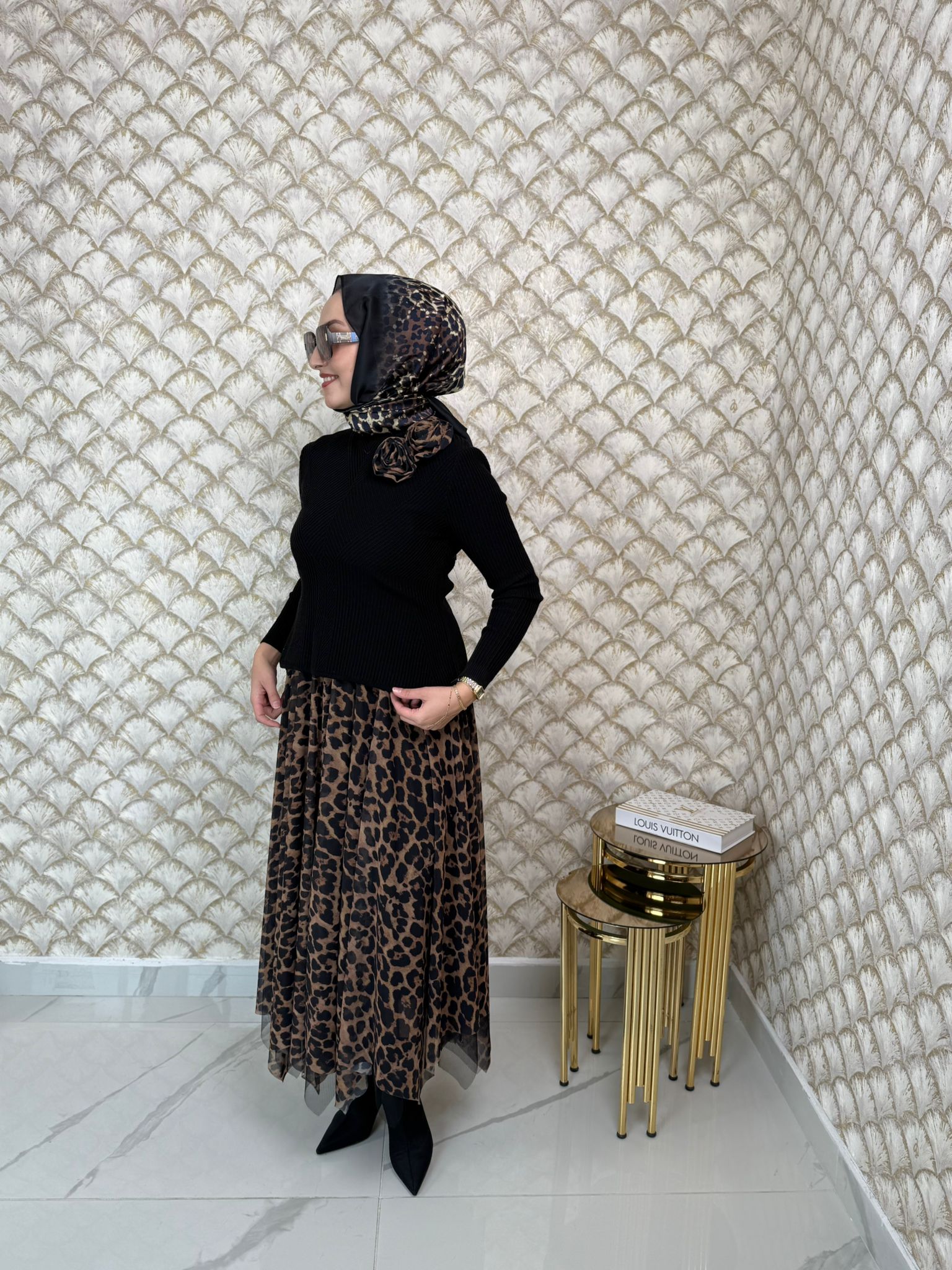 MODAİLGİ Eteği Asimetrik Leopar Desenli Trikolu Elbise 