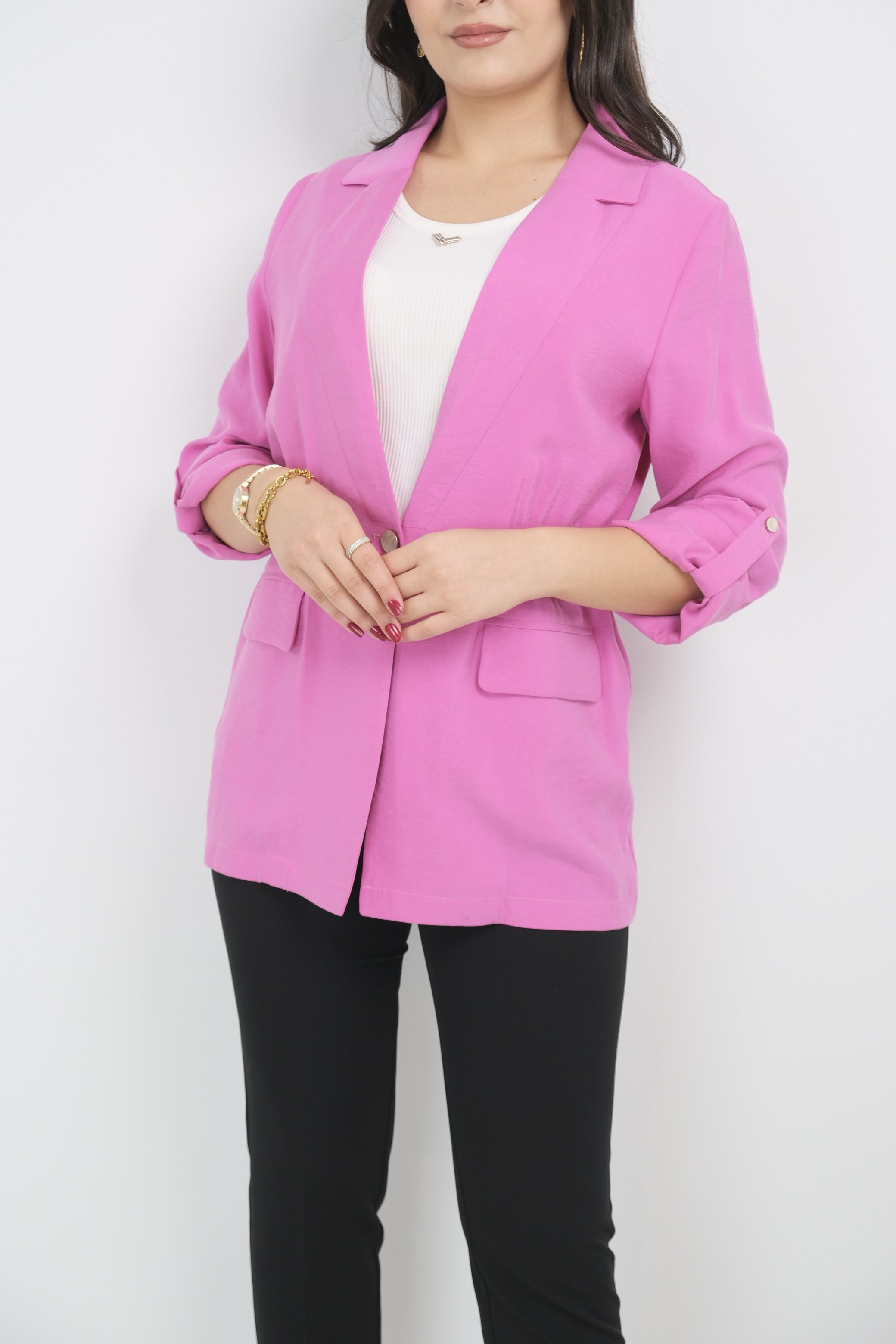 EKOL Beli Bağcıklı Kapak Cepli Ceket - Pembe