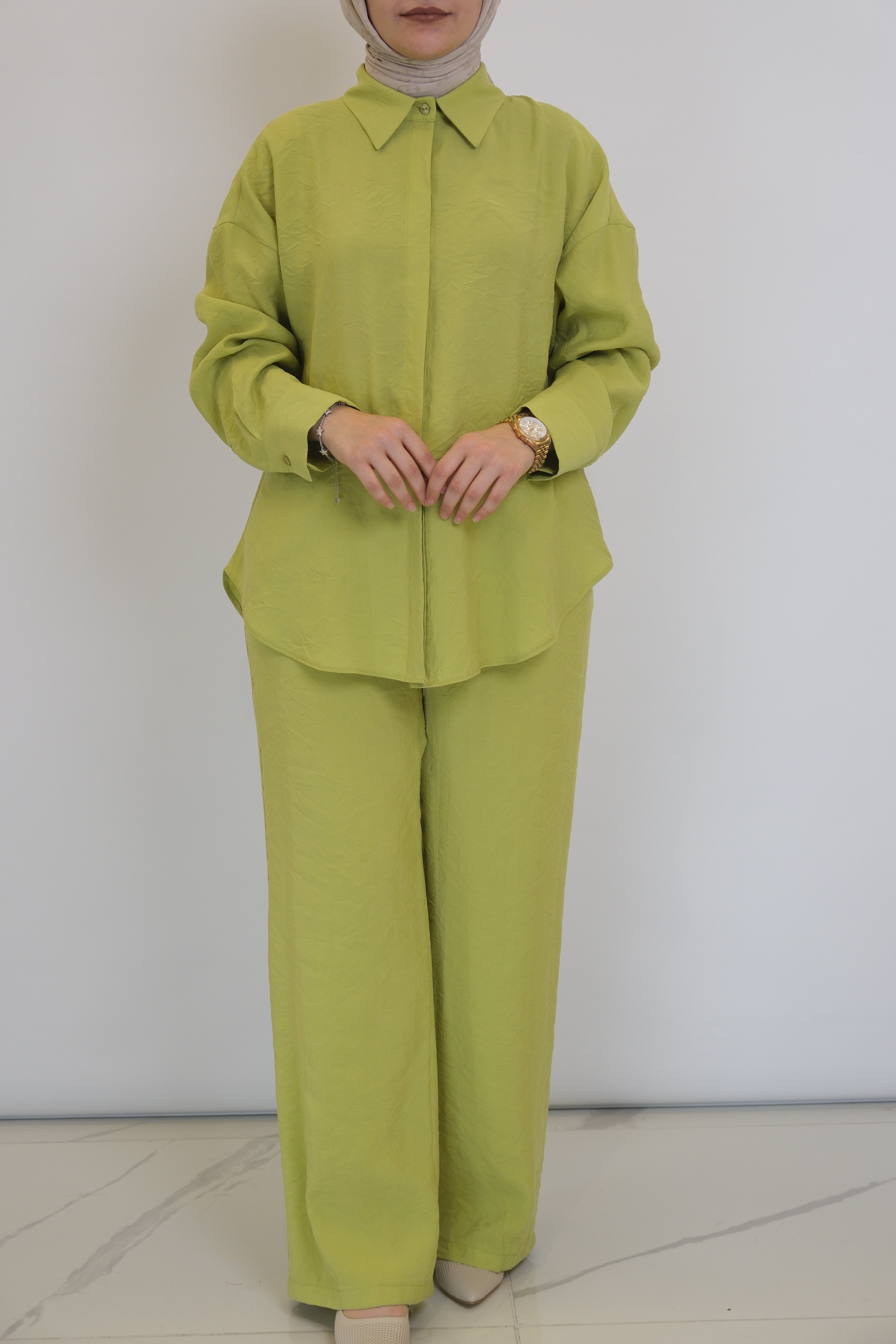ON FASHION Uzun Kollu Gömlek Pantolon Takım - Fıstık Yeşili